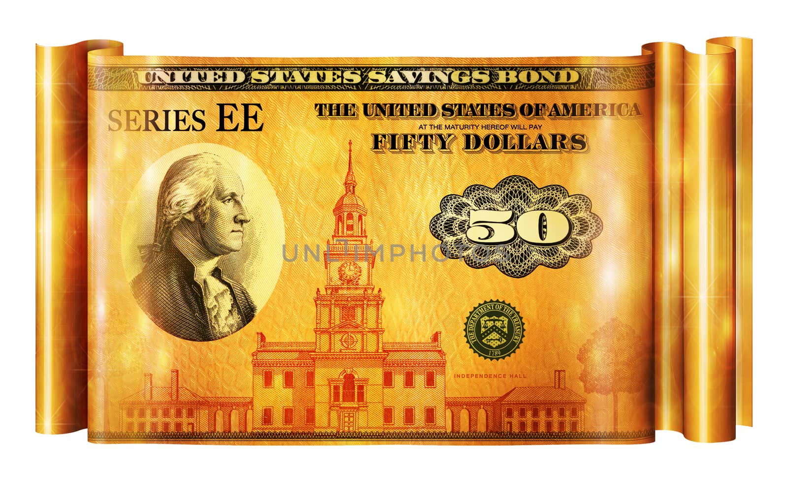 Photo Illustration of a U.S. Savings Bond retouched and re-illustrated to create a gold banner.