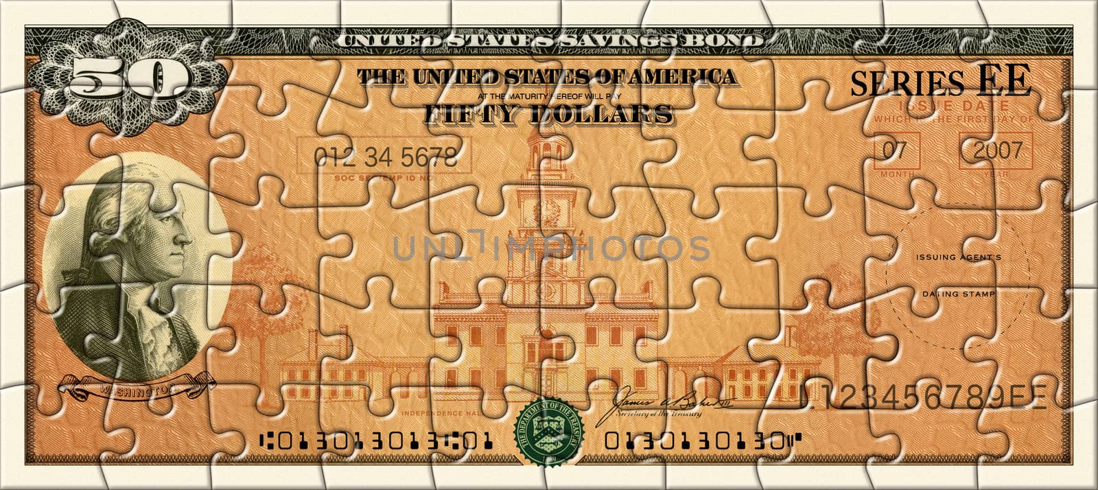 Photo Illustration of a U.S. Savings Bond retouched and re-illustrated as a 50 piece puzzle.