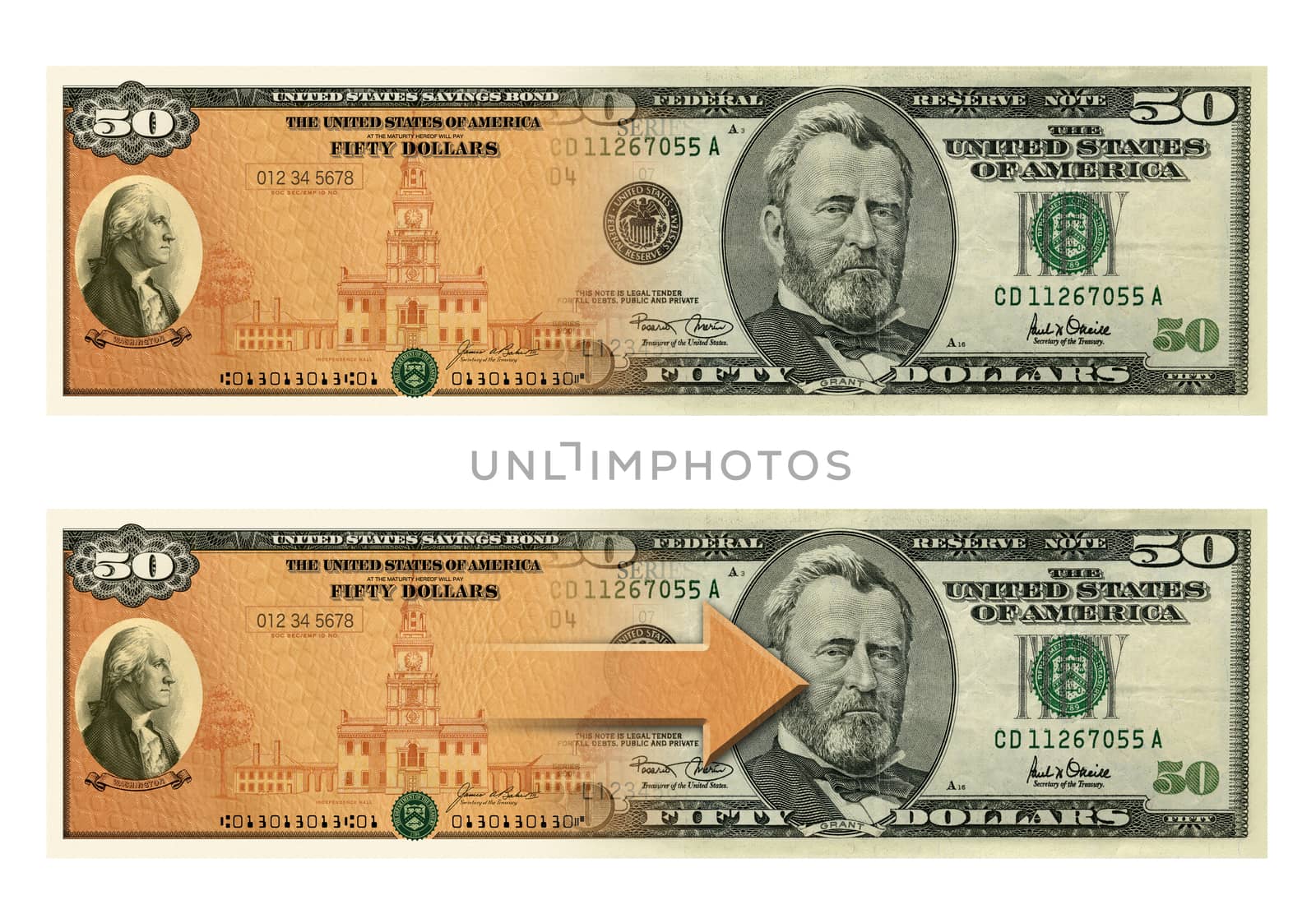 Photo Illustration of a U.S. Savings Bond and a 50 dollar bill composited together.