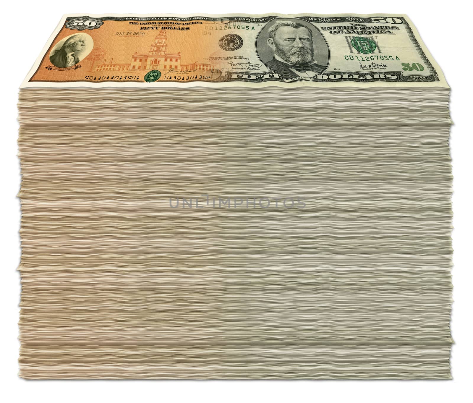 Photo Illustration of a stack of U.S. Savings Bond -50 dollar bill composites.