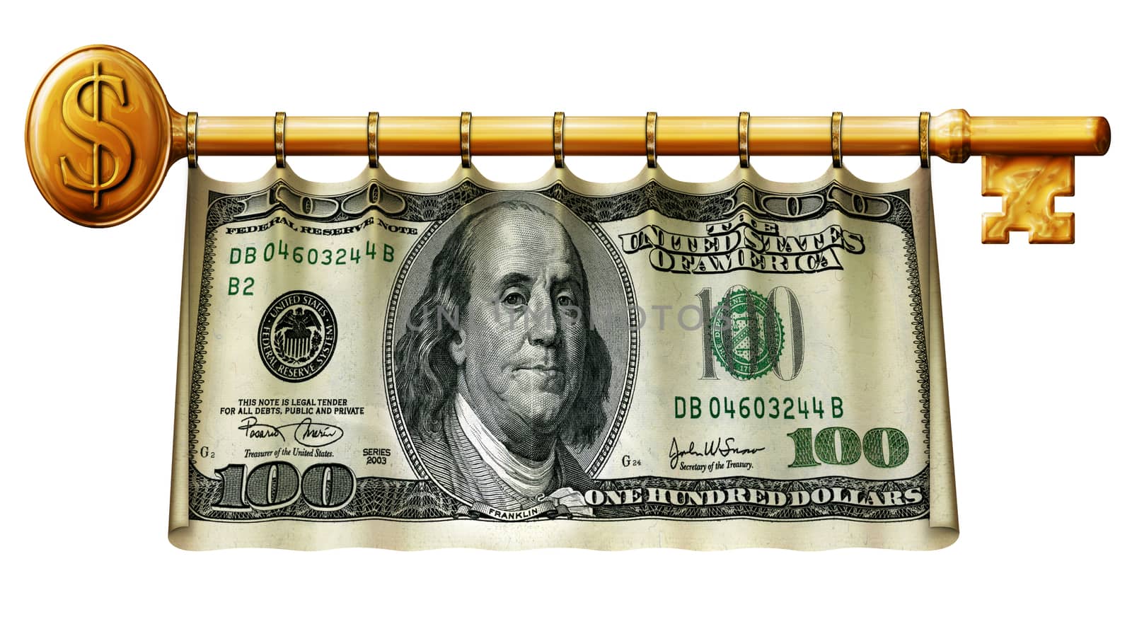 Photo Illustration of a 50 dollar bill retouched and re-illustrated as a banner hanging on a gold key.