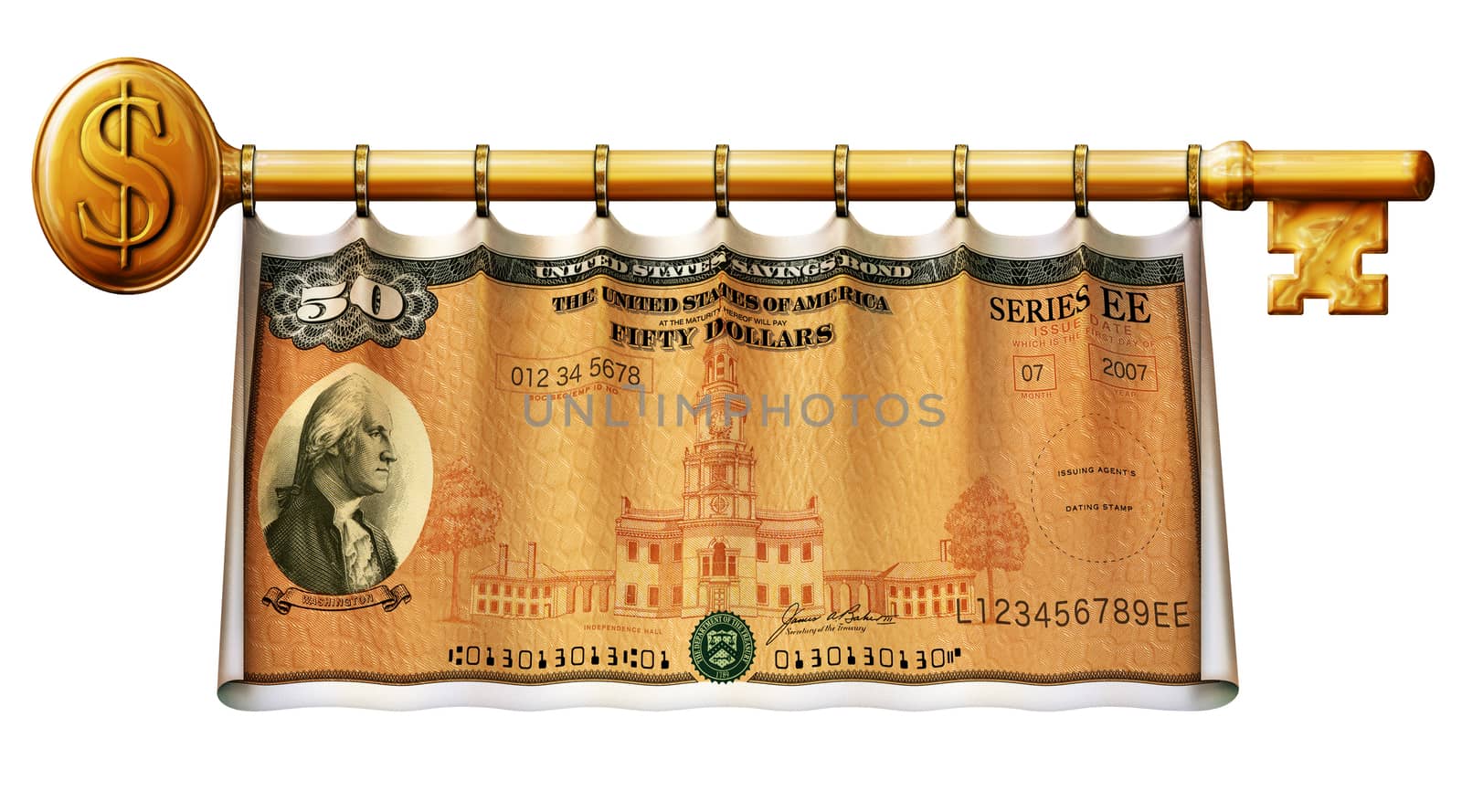 Photo Illustration of a Savings Bond retouched and re-illustrated as a banner hanging on a gold key.