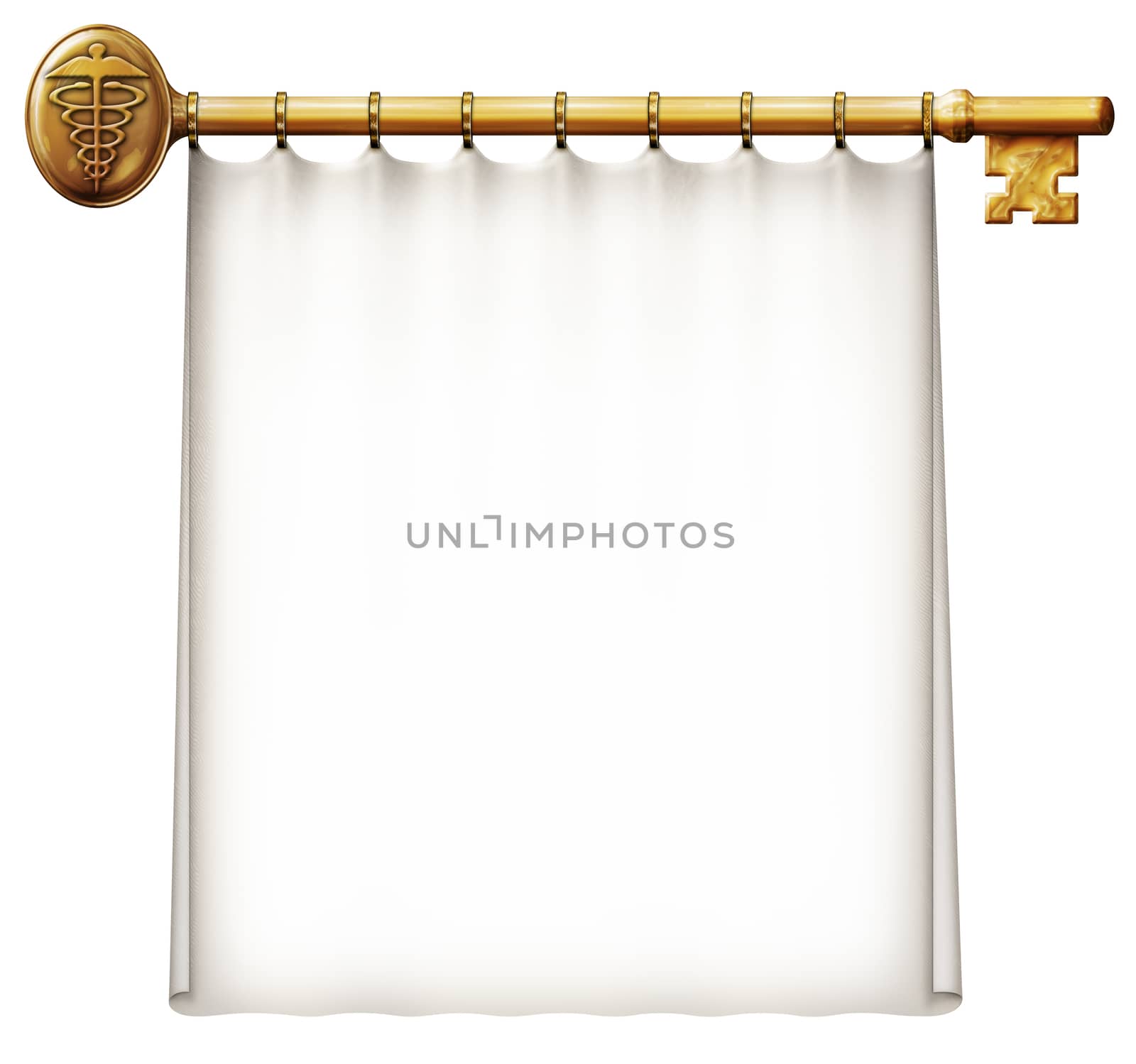 Photo Illustration of a banner hanging on a gold key with a Caduceus – the symbol for medicine.