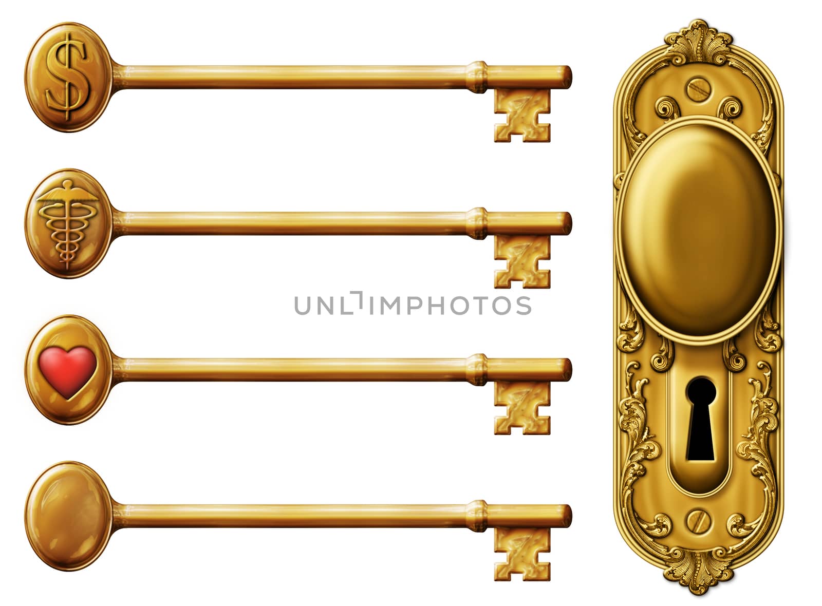 Digital Illustration of keys and a door knob with key hole.  Keys are themed to Money, Health, Love, and a blank key.