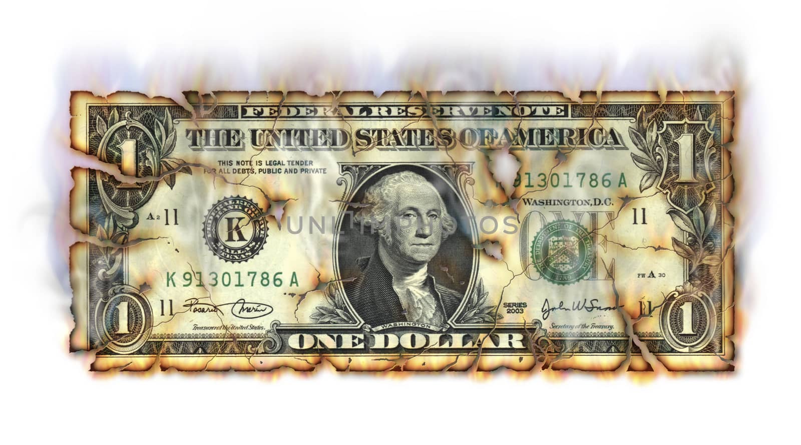 Photo Illustration of a U.S. one dollar bill retouched crumbling and burning.