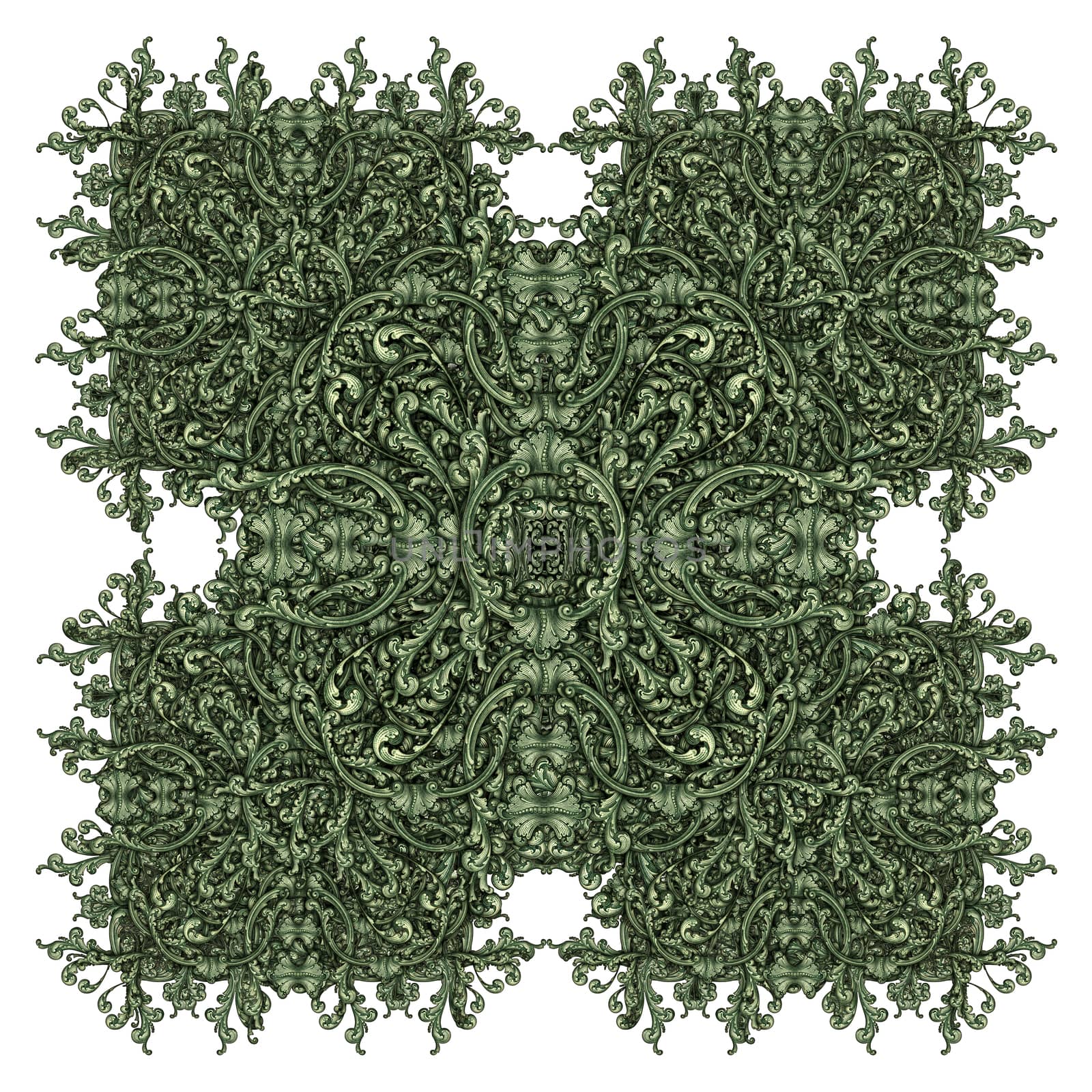 Photo-illustration of a pattern built from parts of United States currency bills.
