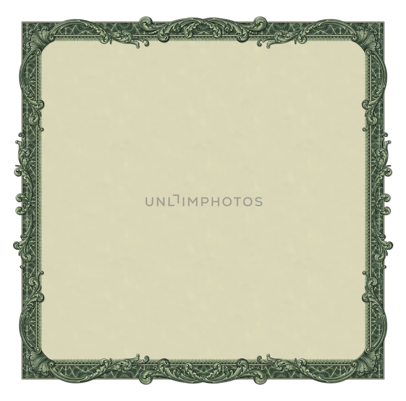Photo-illustration of a border/frame using elements from a dollar bill.