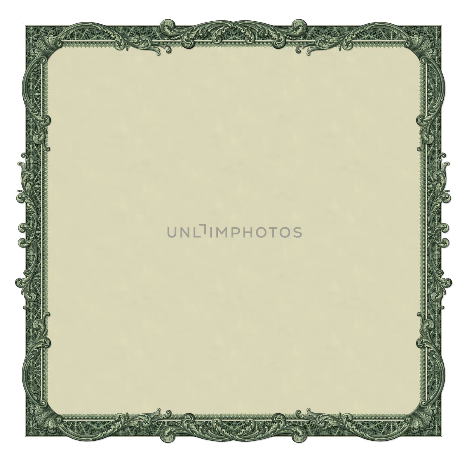 Photo-illustration of a border/frame using elements from a dollar bill.