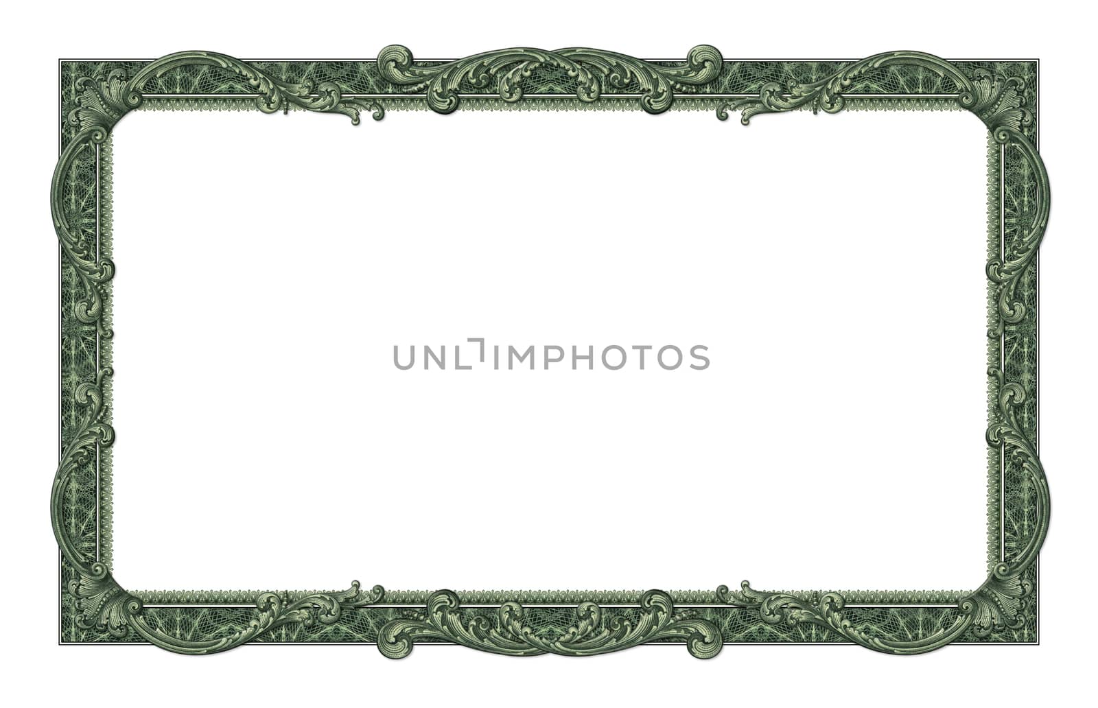 Photo-illustration of a border/frame using elements from a dollar bill.