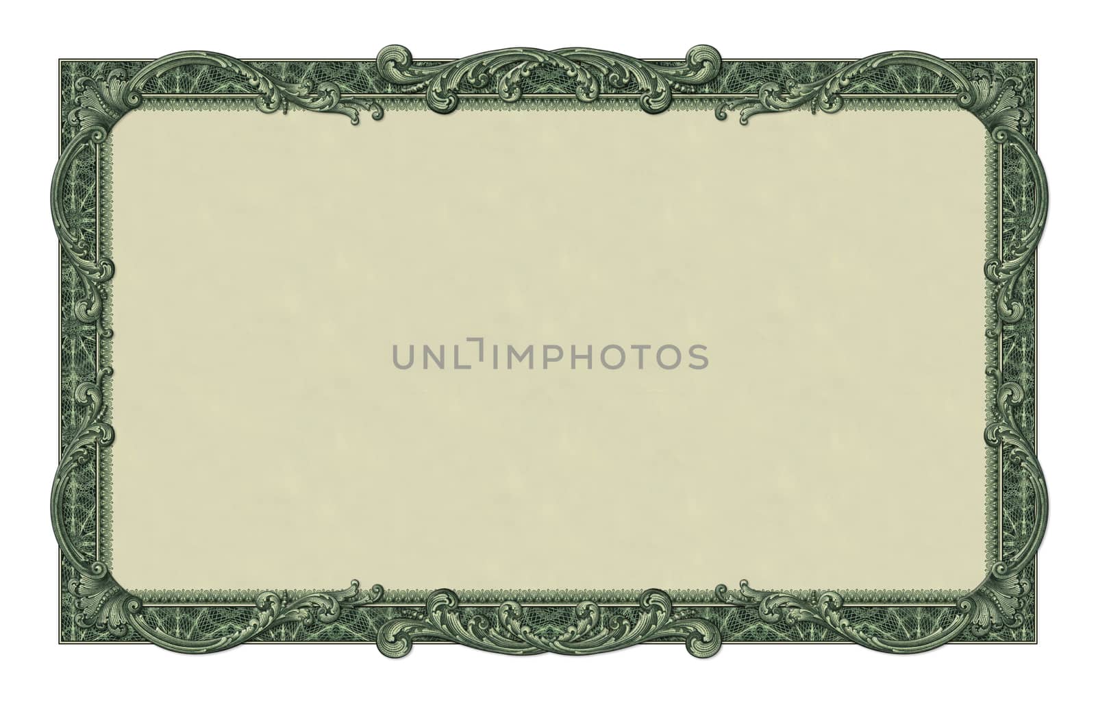 Photo-illustration of a border/frame using elements from a dollar bill.