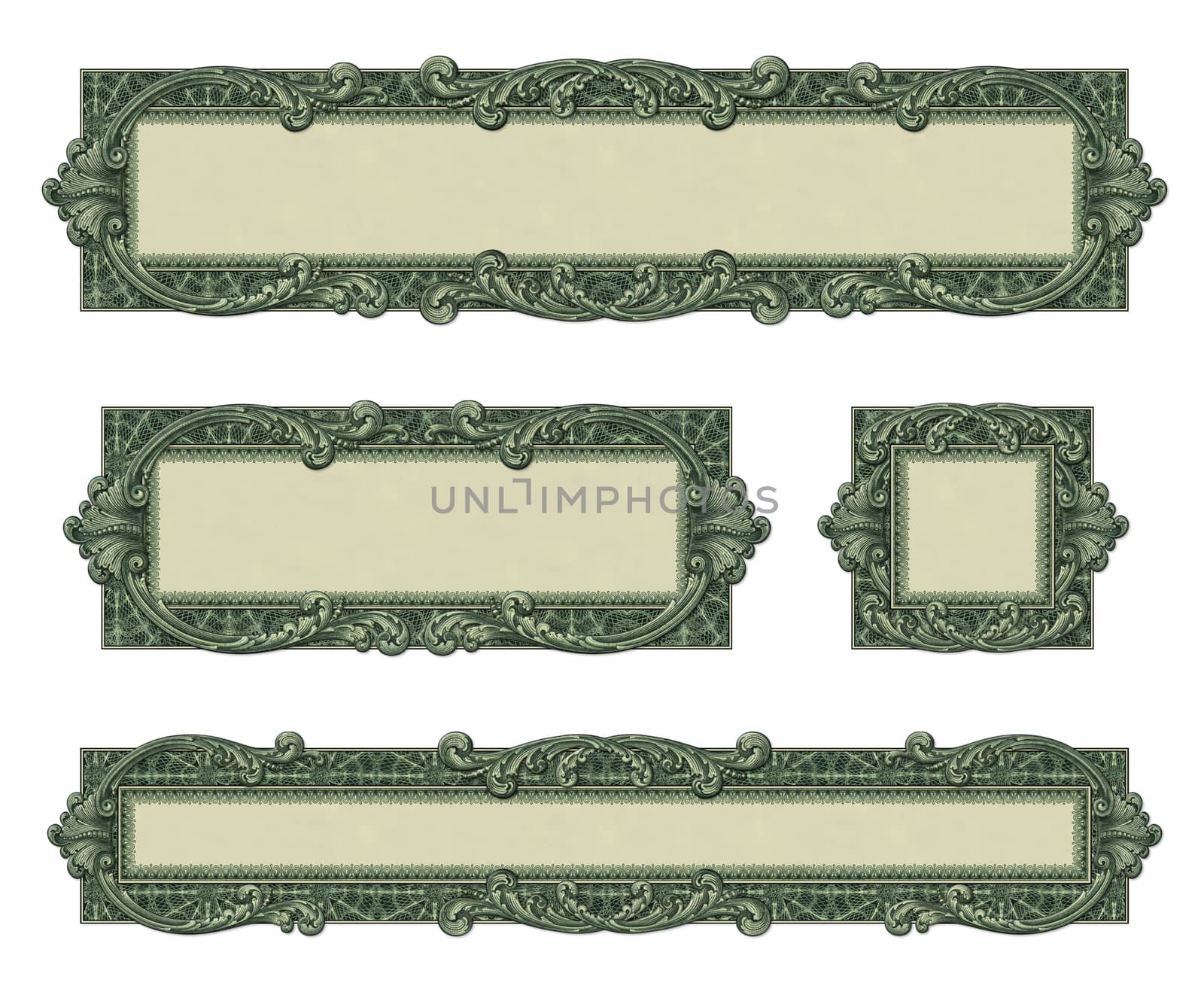Photo-illustration of 4 borders/frames using elements from a dollar bill.