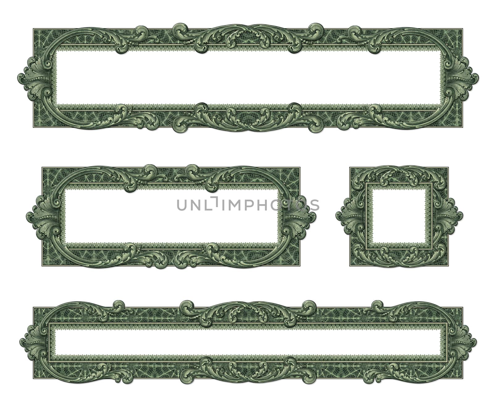 Photo-illustration of 4 borders/frames using elements from a dollar bill.