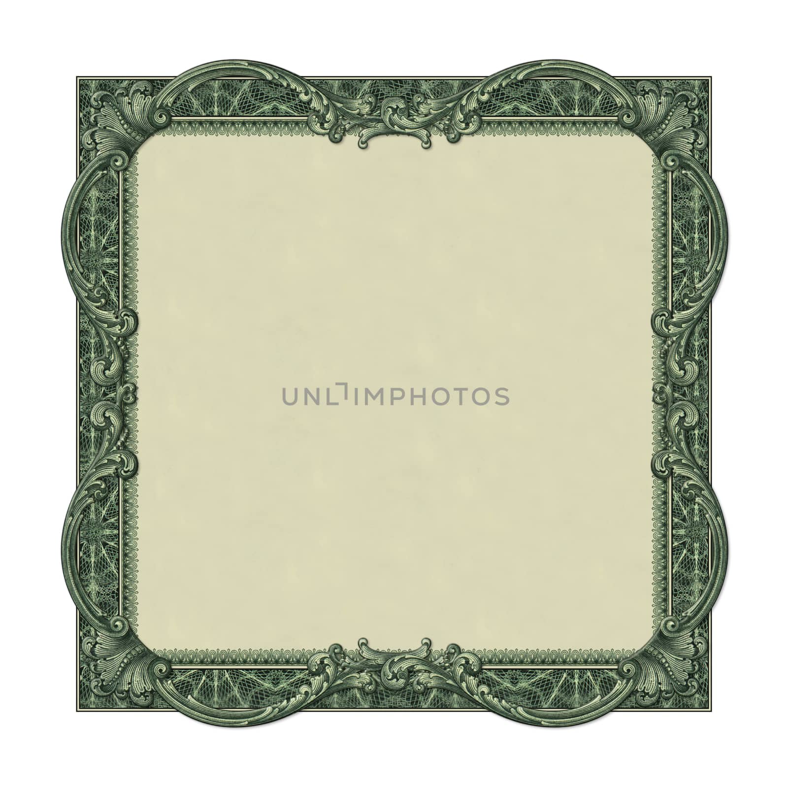 Photo-illustration of a border/frame using elements from a dollar bill.