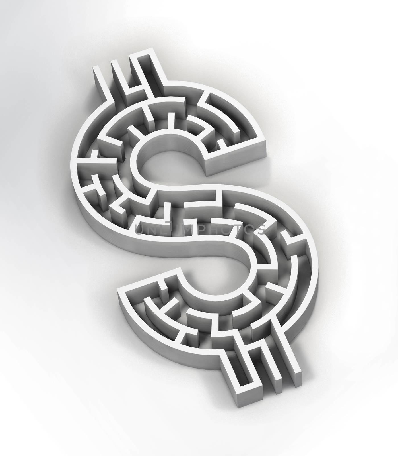 Illustration of a maze shaped like a dollar sign.