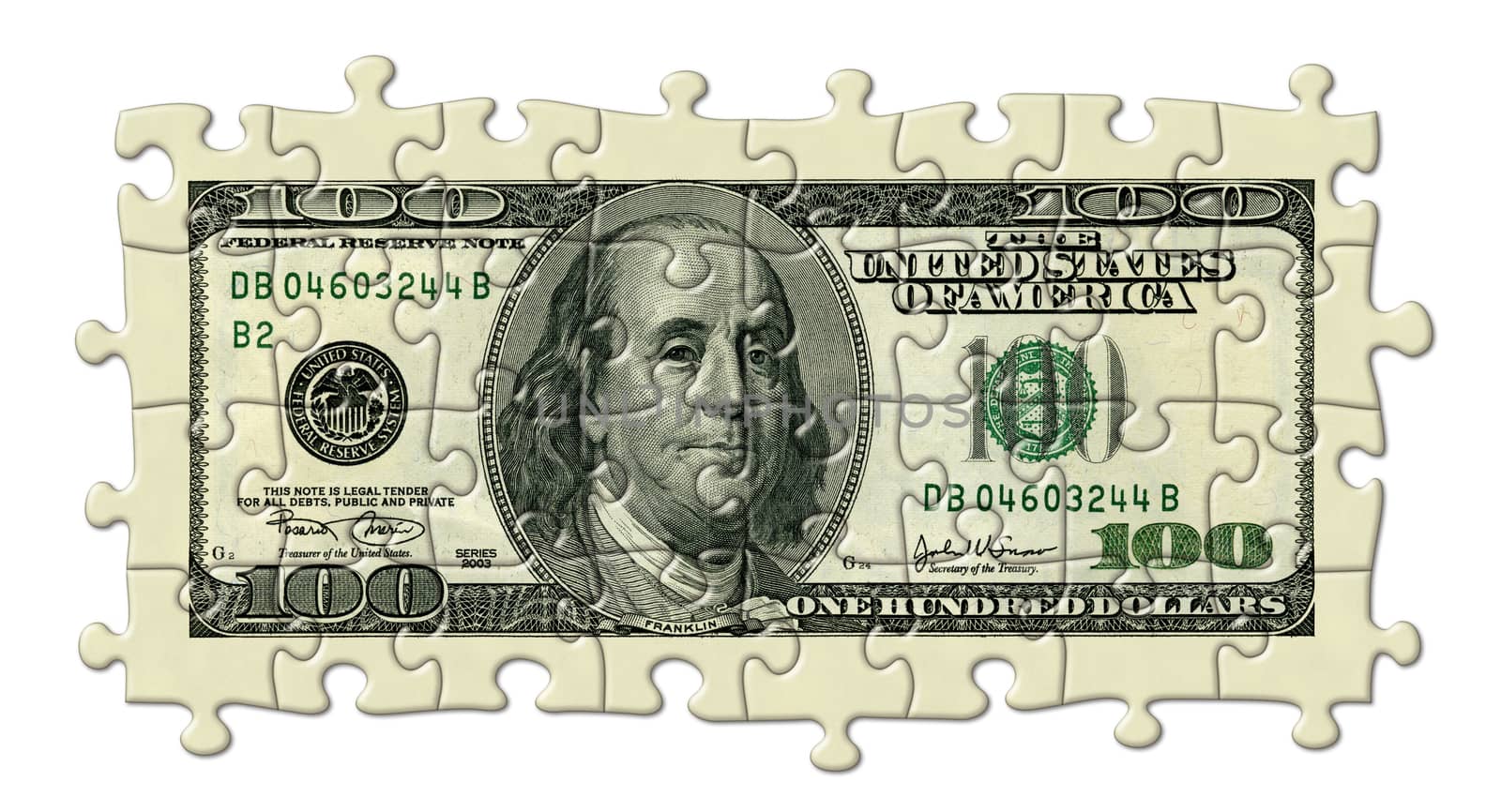 Photo Illustration of a U.S. one hundred dollar bill retouched and re-illustrated as a puzzle.