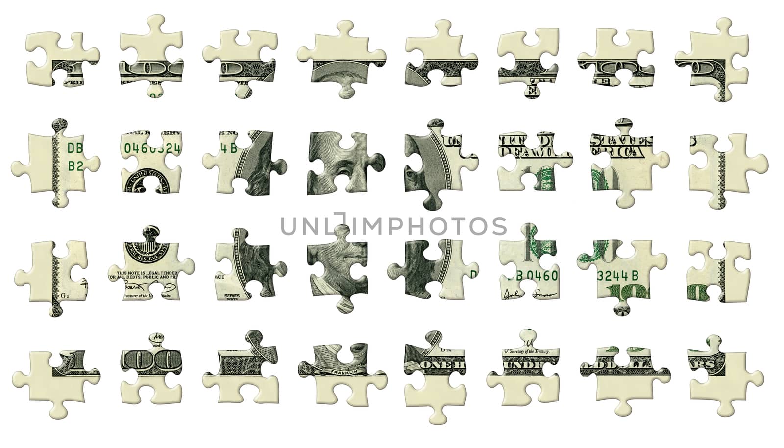 Photo Illustration of a U.S. one hundred dollar bill retouched and re-illustrated as a 32 separate puzzle pieces isolated with a clipping path.