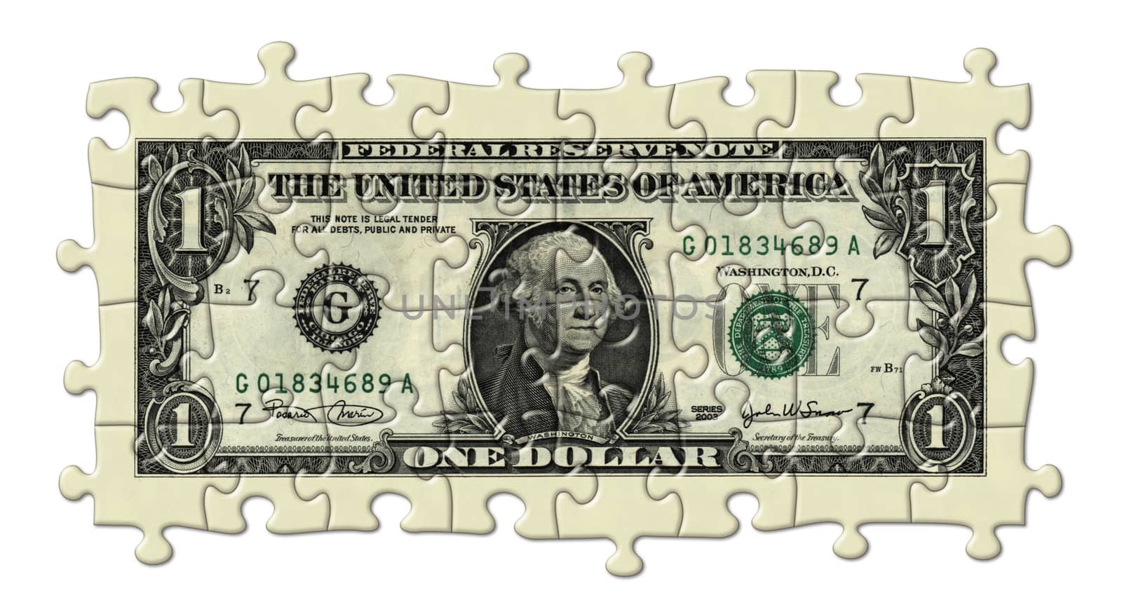 Photo Illustration of a U.S. one dollar bill retouched and re-illustrated as a puzzle.