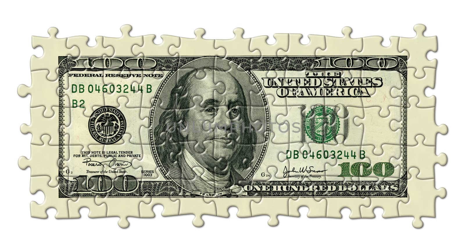 Photo Illustration of a U.S. one hundred dollar bill retouched and re-illustrated as a puzzle.