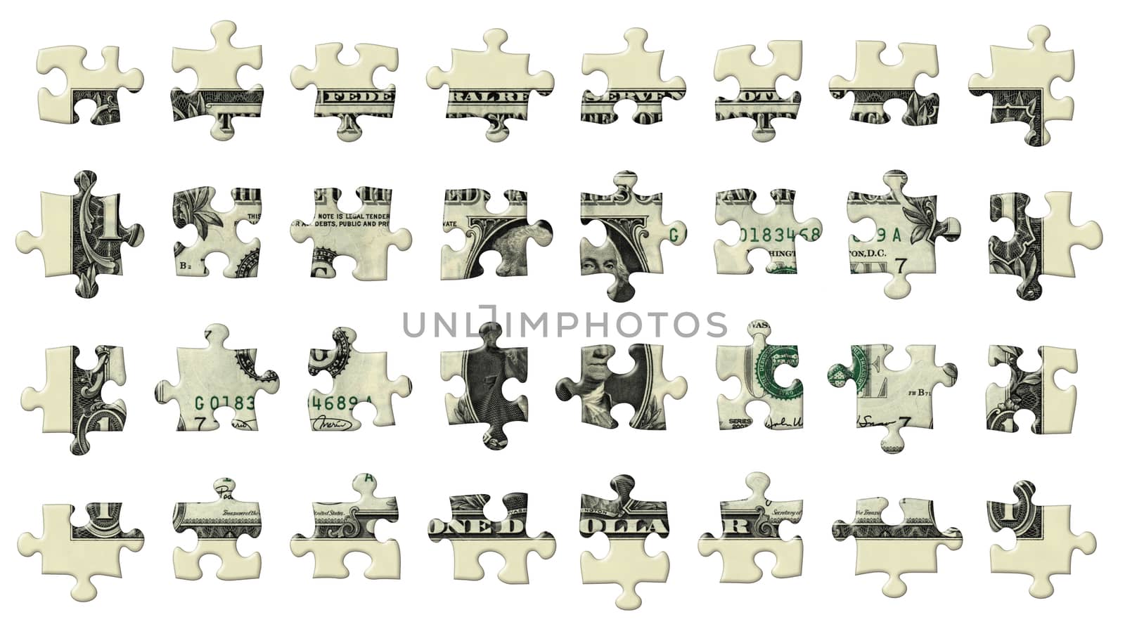 Photo Illustration of a U.S. dollar bill retouched and re-illustrated as a 32 separate puzzle pieces isolated with a clipping path.