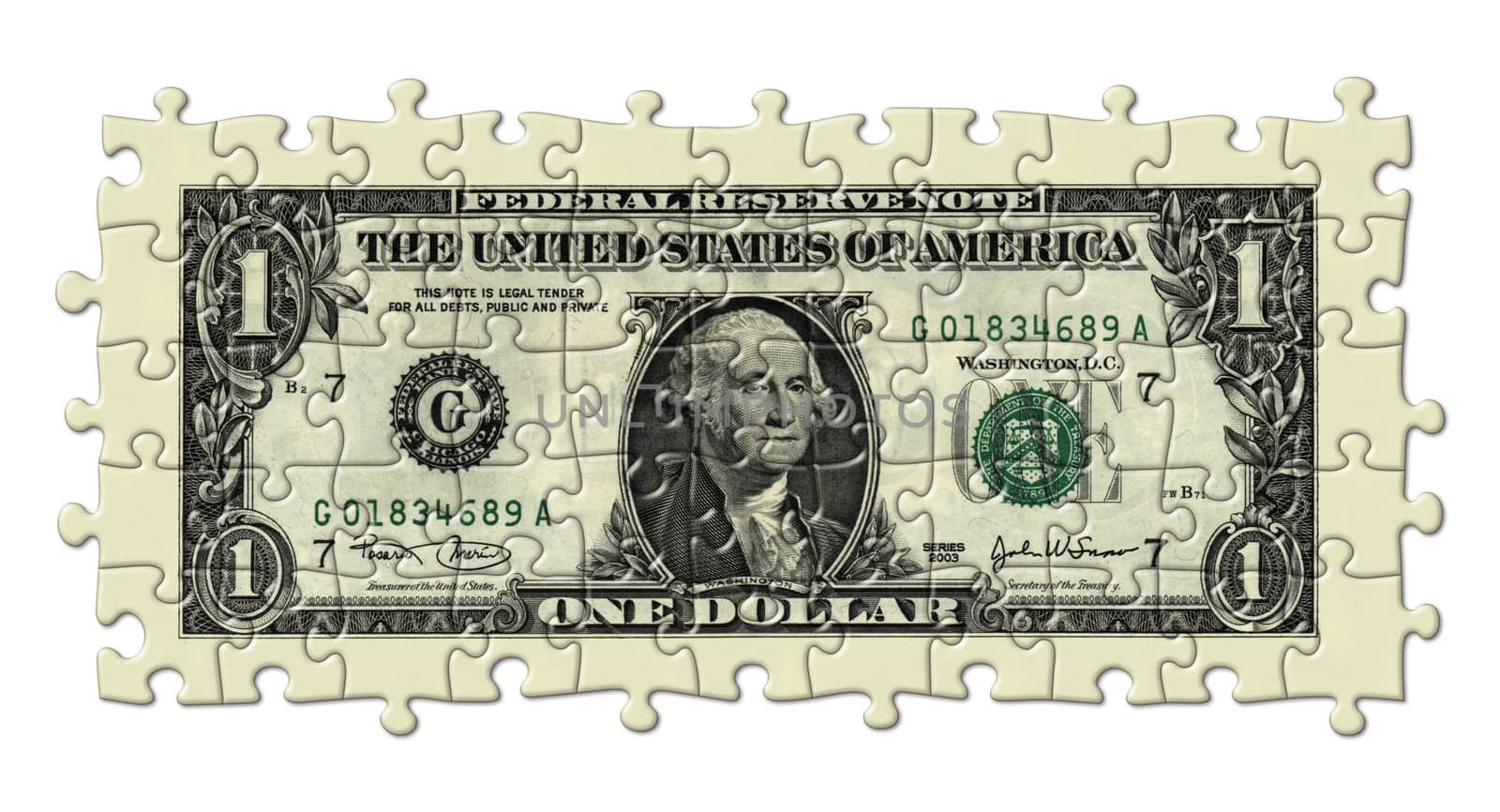 Photo Illustration of a U.S. one dollar bill retouched and re-illustrated as a puzzle.