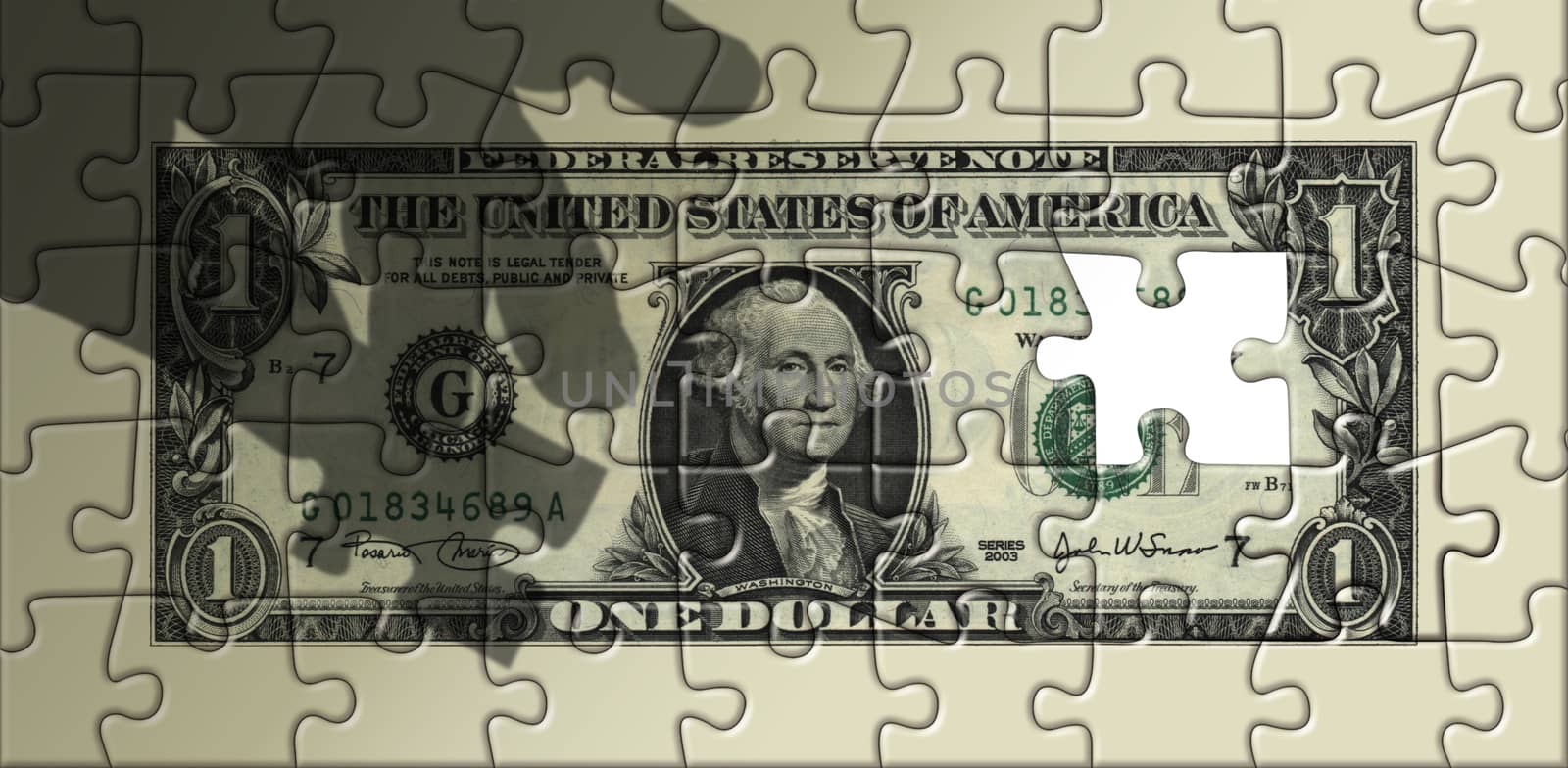 Photo illustration of a dollar as a puzzle with a missing piece.