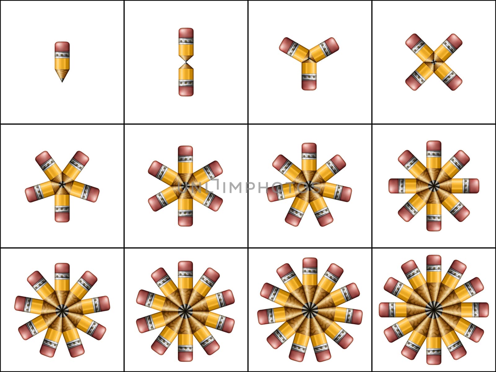 Counters. Illustration of pencils arranged in patterns containing 1 through 12 pencils each.