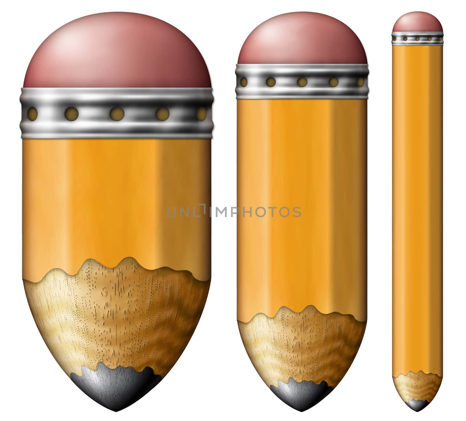 Illustration of pencils with rounded points and erasers.