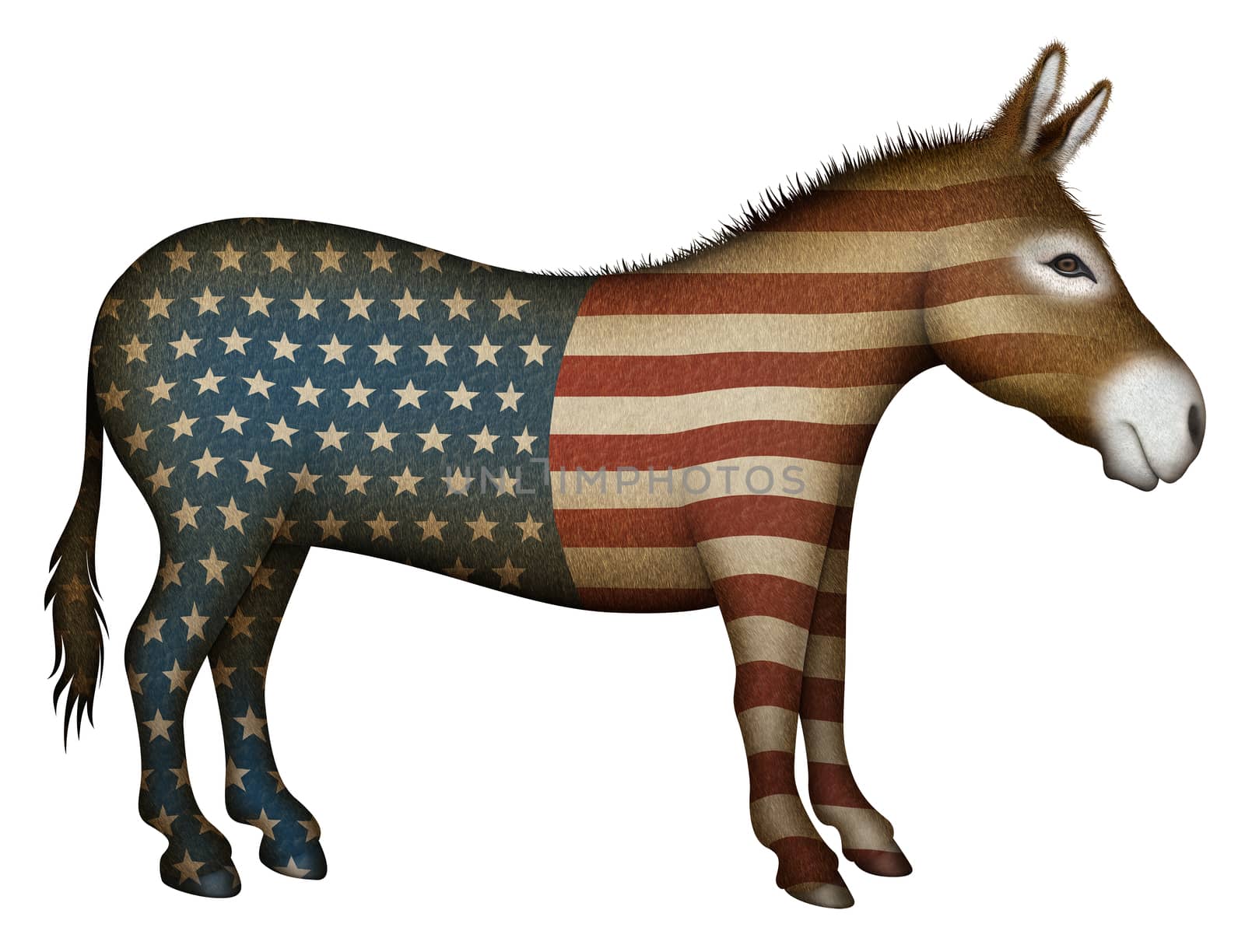 Digital illustration of a donkey overlayed with stars and stripes — side view.