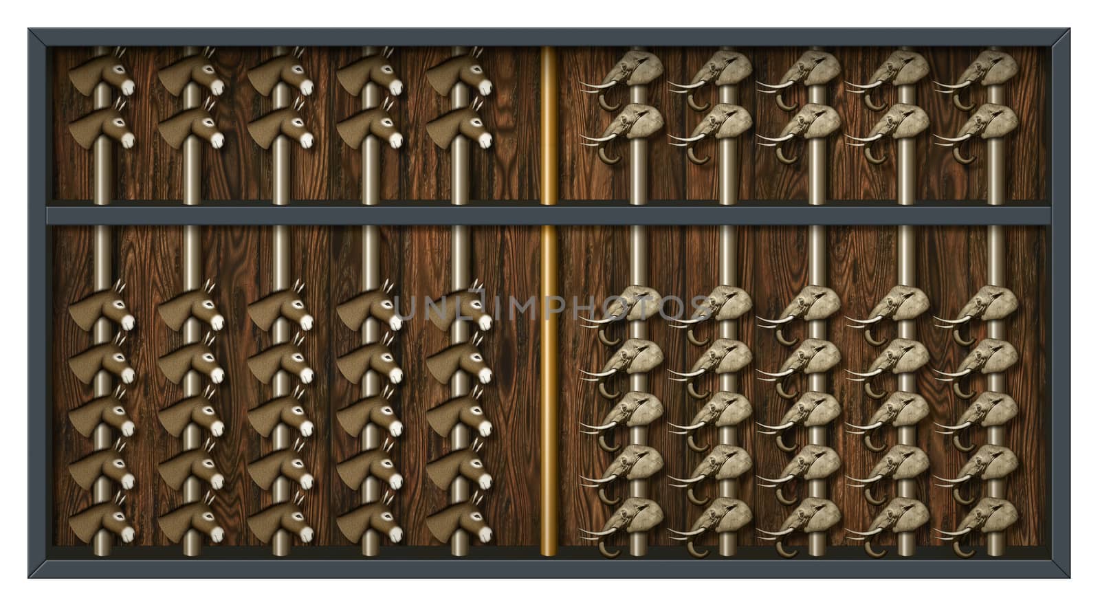 An abacus with elephant and donkey heads to count Republican and Democrat votes.