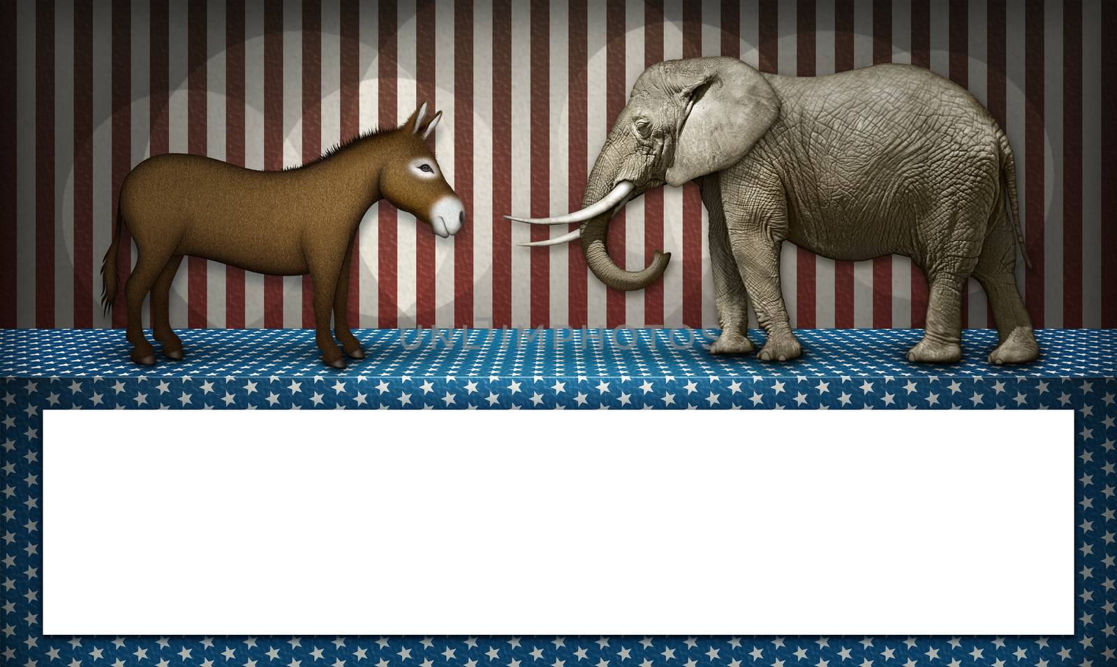 Donkey and elephant face off on a patriotic stage, representing the democrat and republican parties. White blocked space below for text to be added.