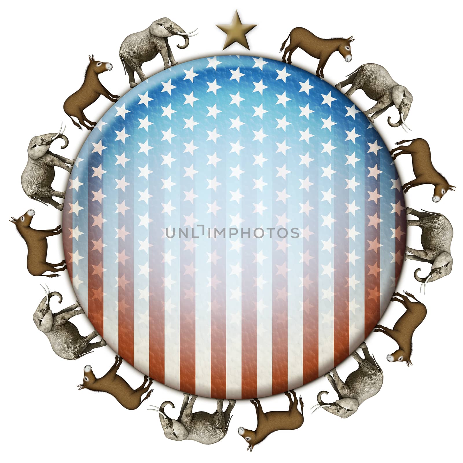 Election stars and stripes button with elephants and donkeys representing the Democratic and Republican parties.