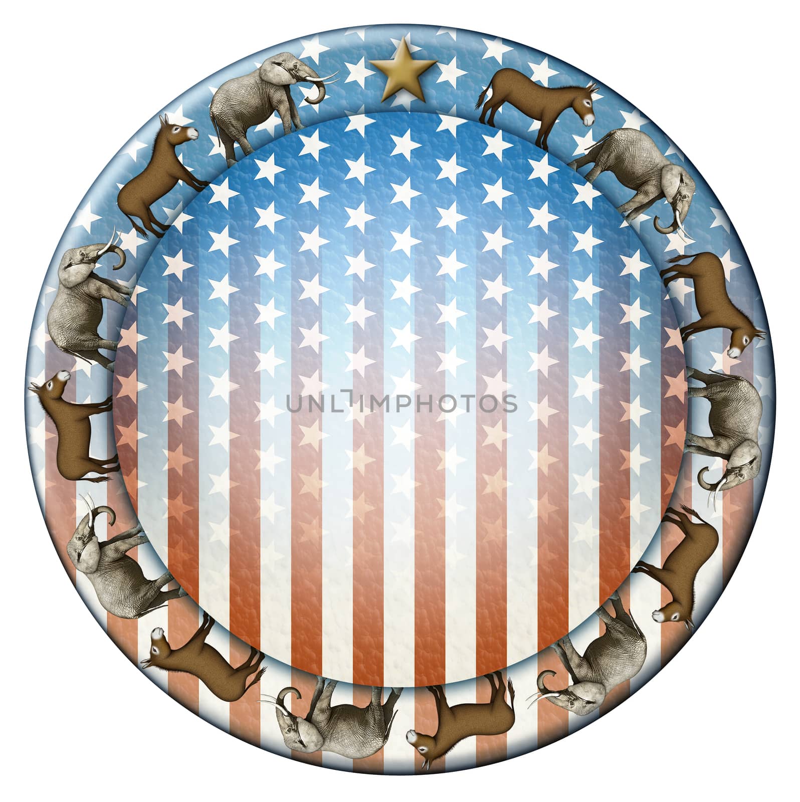 Election stars and stripes button with elephants and donkeys representing the Democratic and Republican parties.