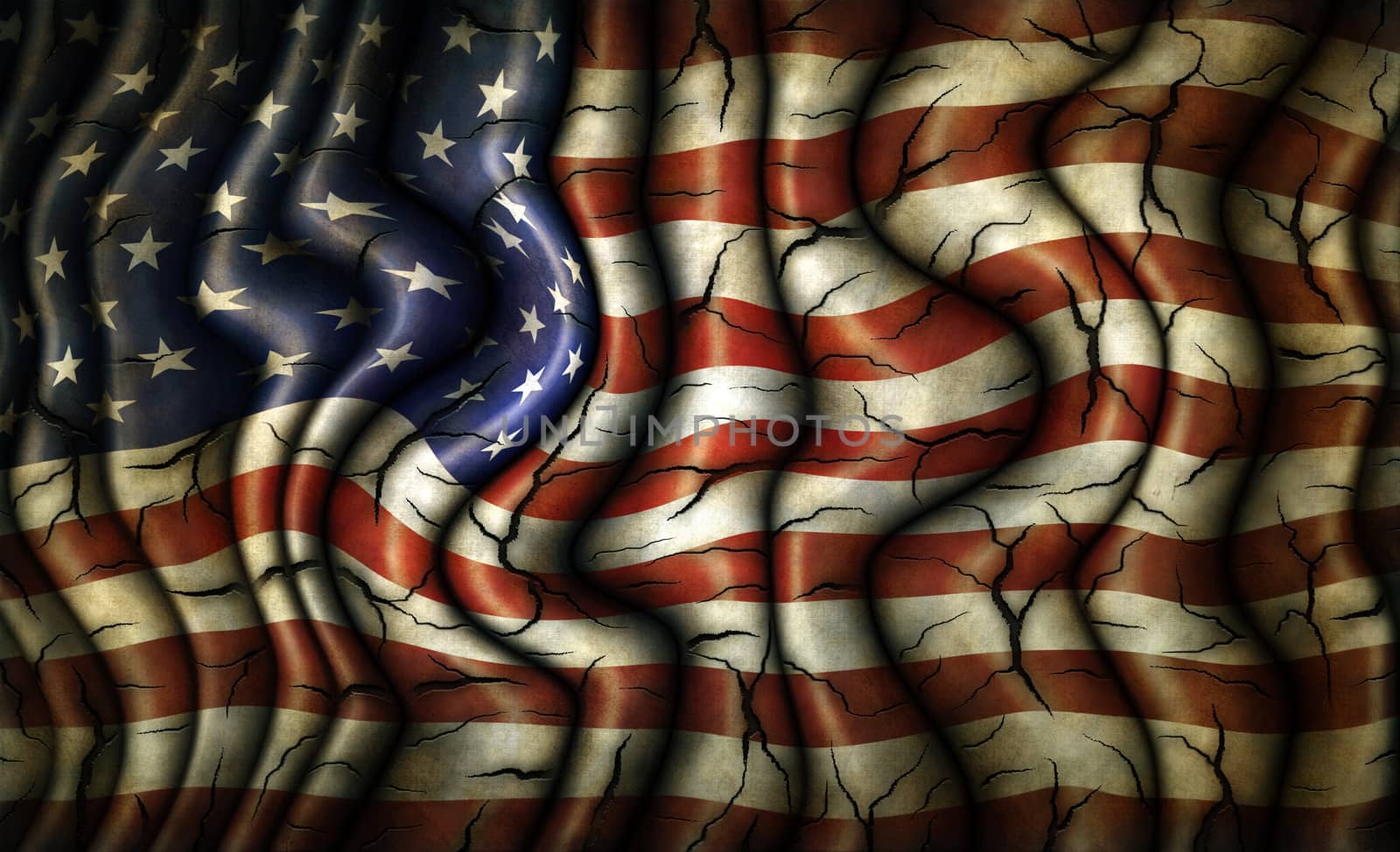 Grungy, cracked, and convoluted flag of the United States.