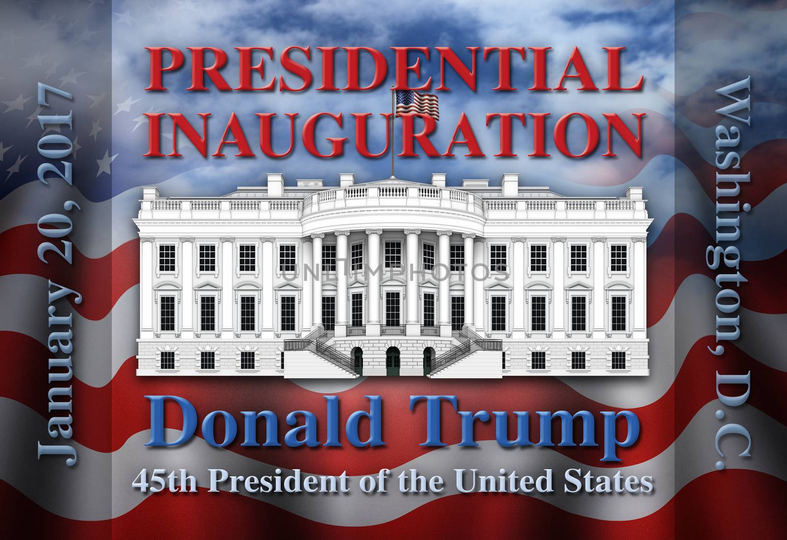 The United States Presidential Inauguration of Donald Trump, commemorated in text and illustration of the White House against a flag background.