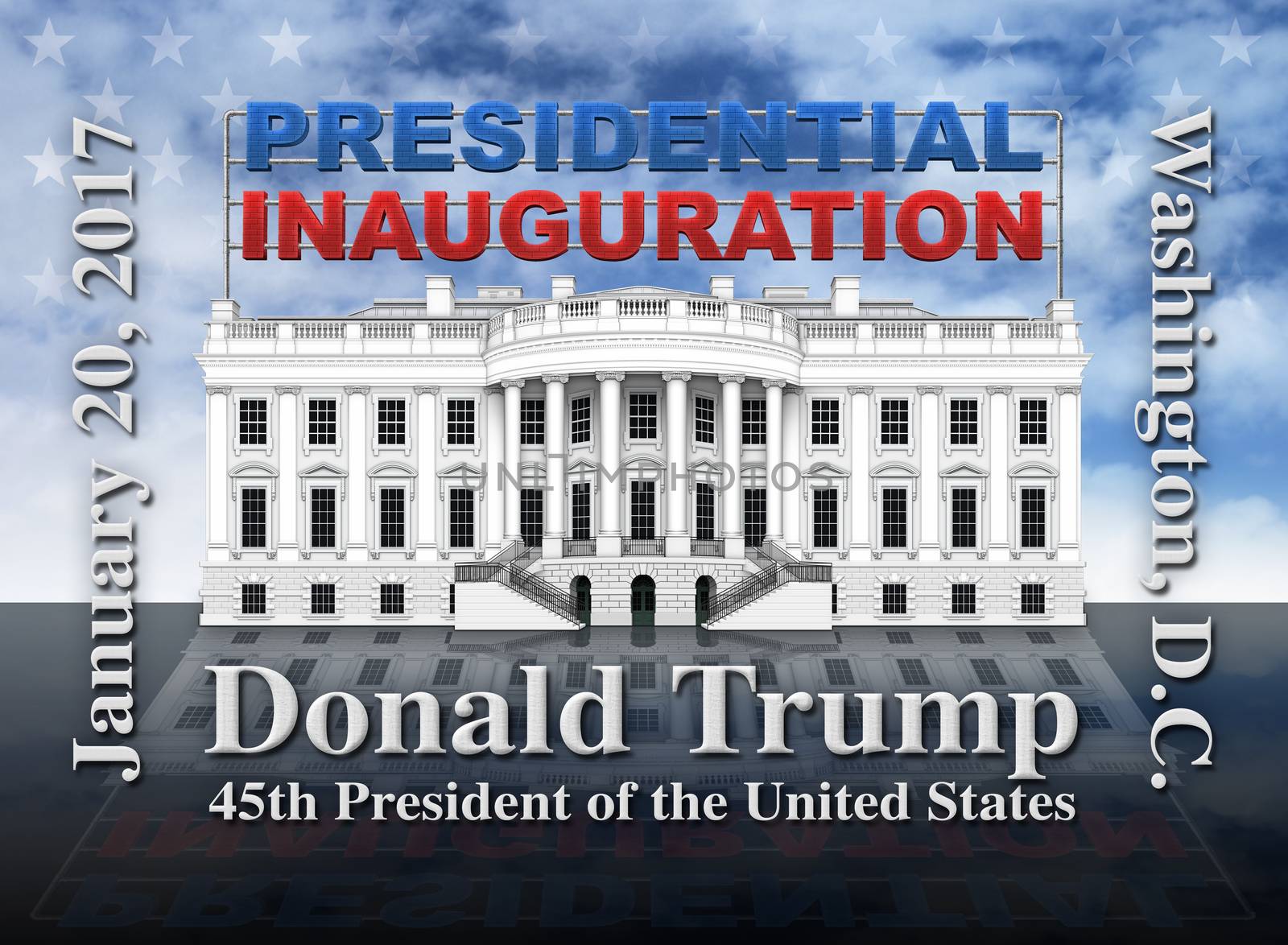 The United States Presidential Inauguration of Donald Trump, commemorated in text and illustration of the White House against a flag background.