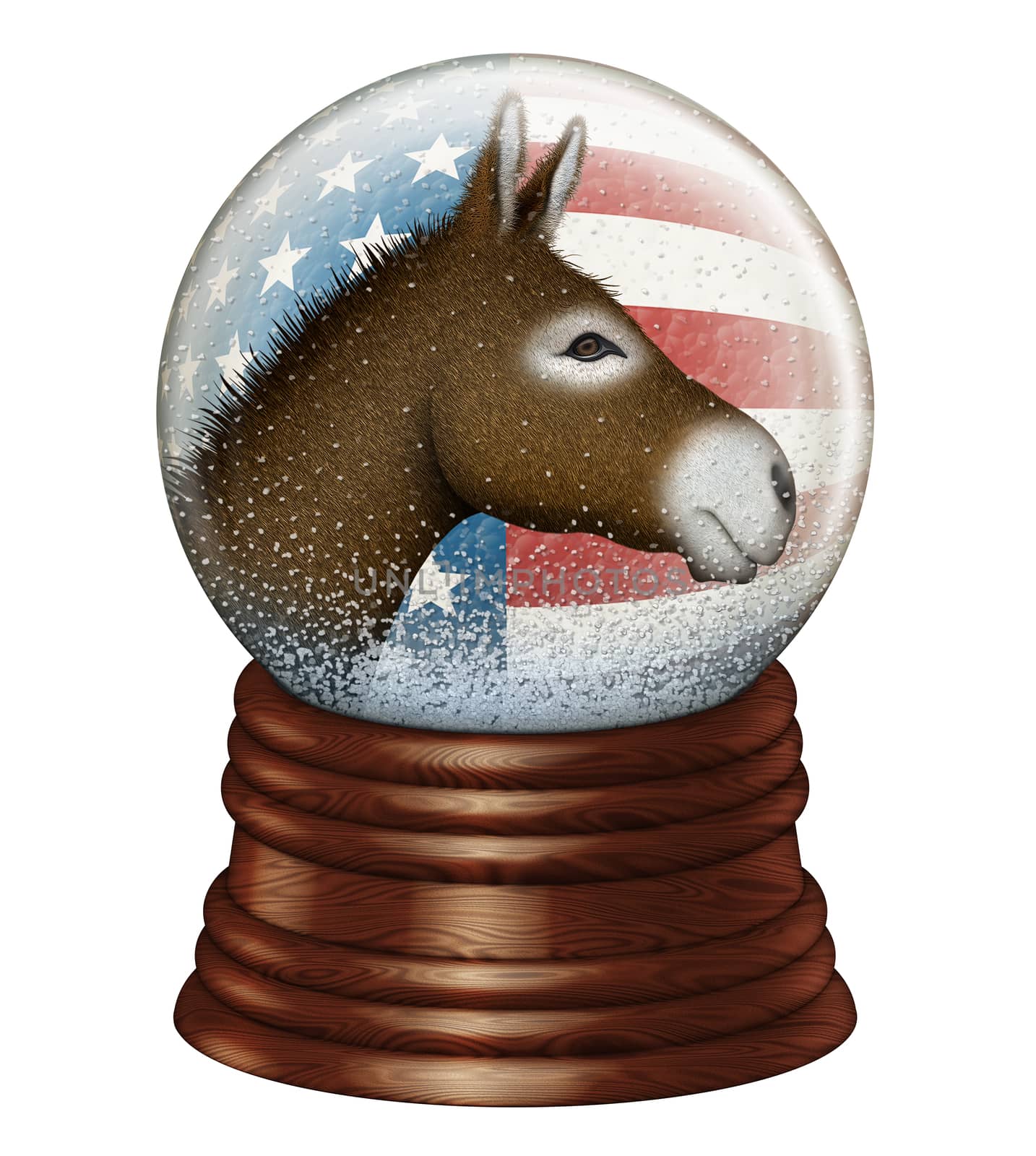 Digital illustration of a snow globe containing stars and stripes and a donkey to represent the Democrat party.