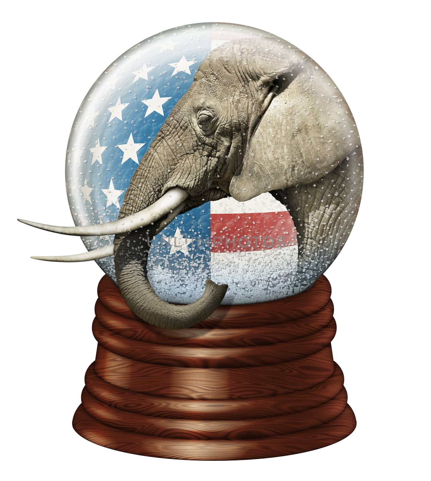 Digital illustration of a snow globe containing stars and stripes and an elephant to represent the Republican party.