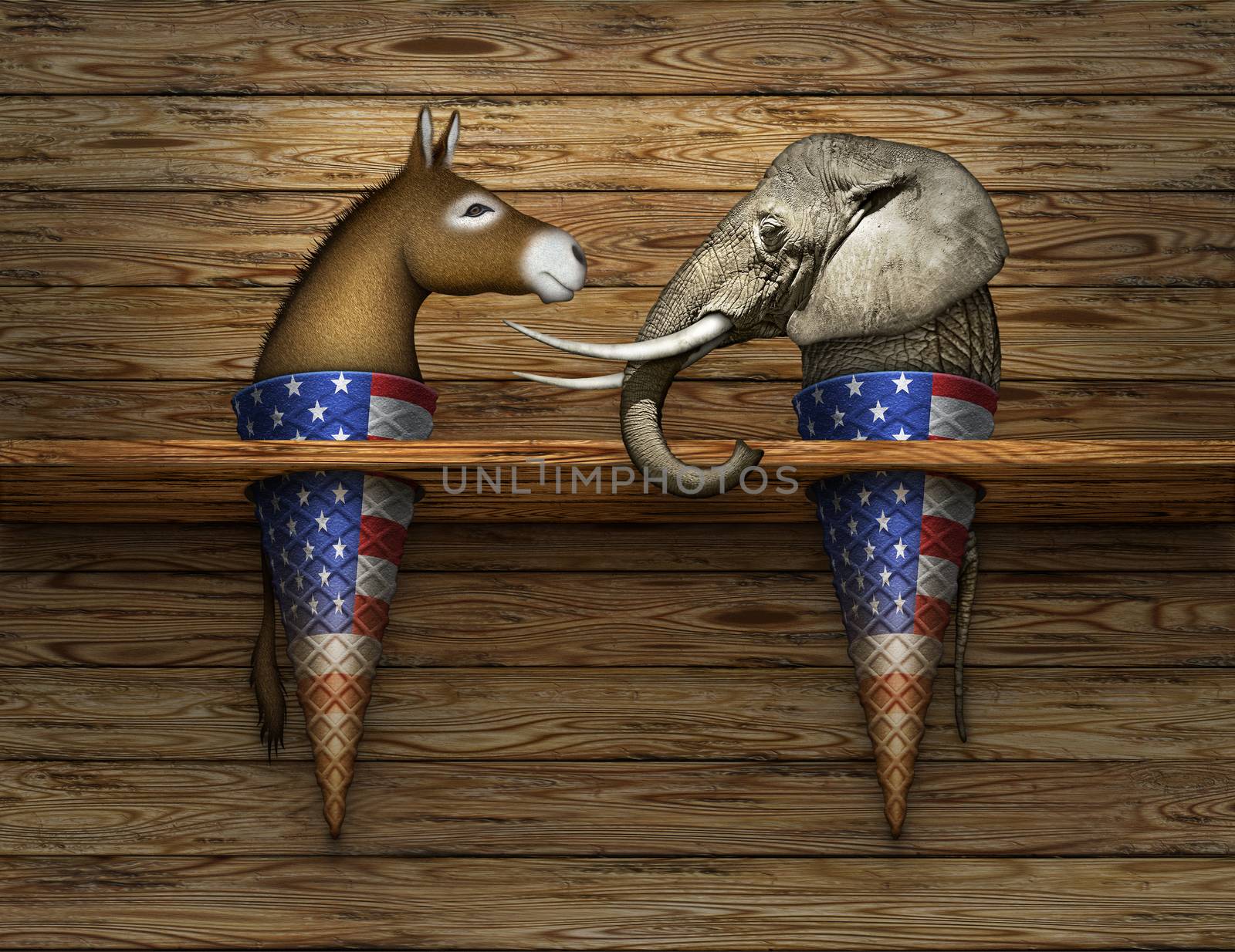 Digital and photo illustration of a donkey and elephant as two flavors of ice cream in cones, representing democrats and republicans.