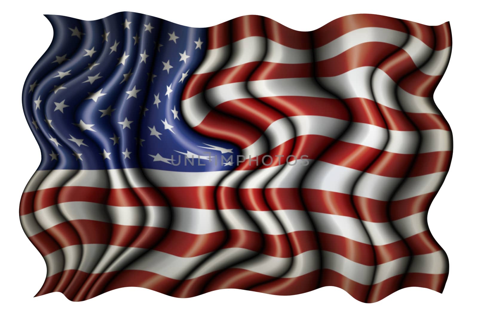Wavy and convoluted flag of the United States.