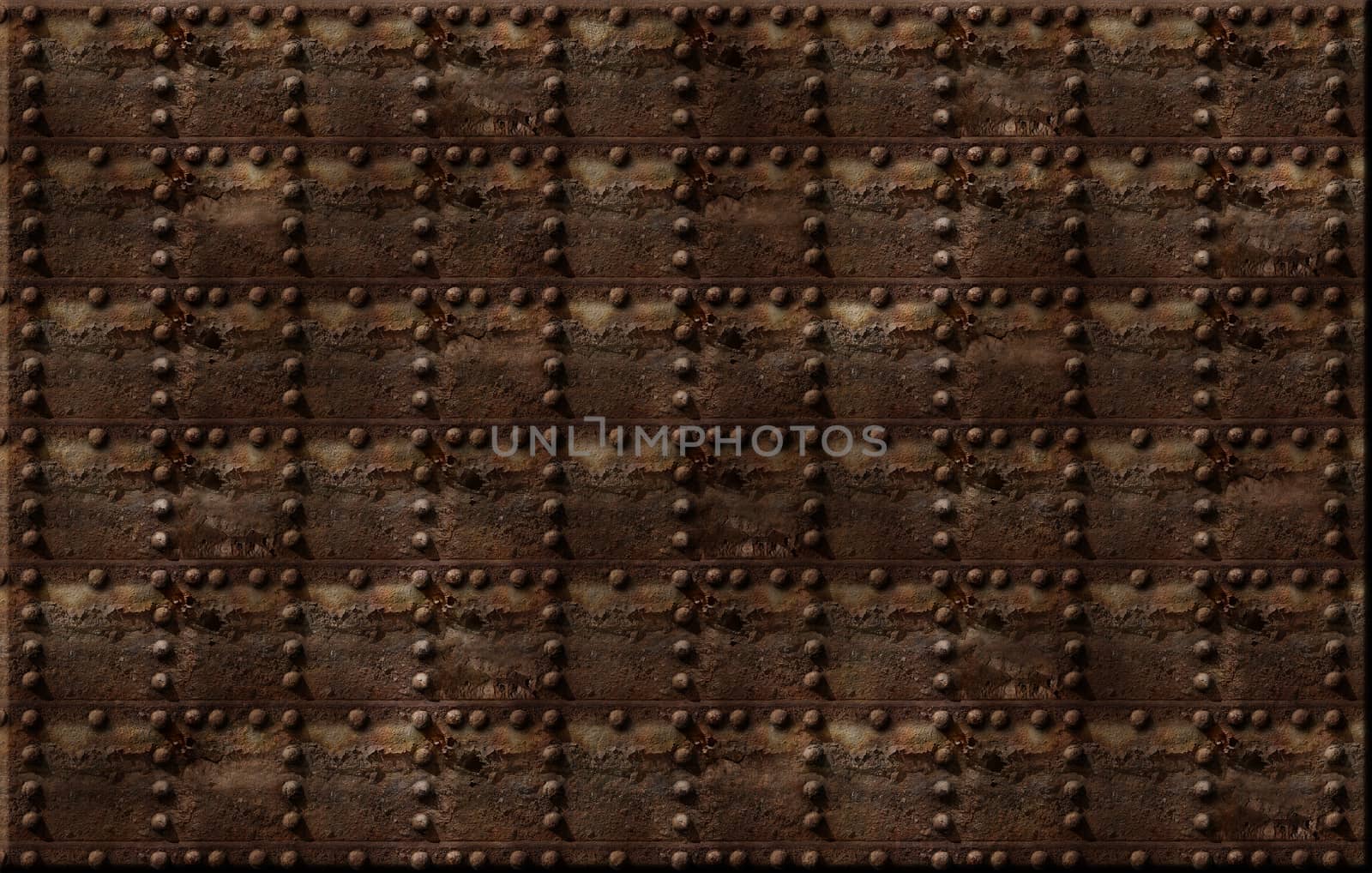 Photo illustration of a rusty metal riveted wall.