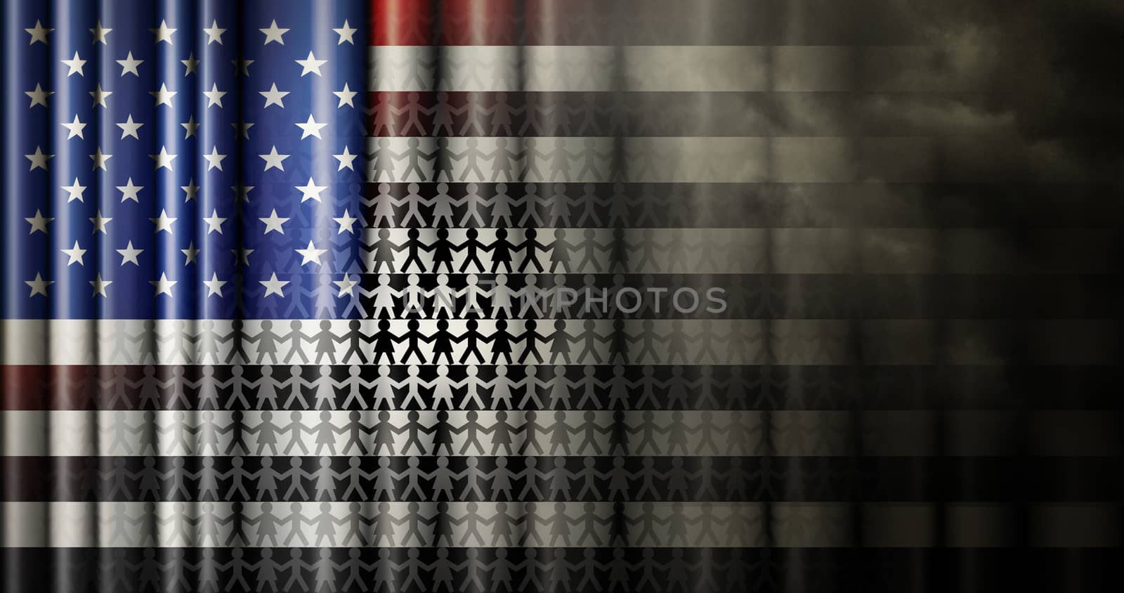 Illustration of the flag of the United States with the stripes changing to black and white, storm clouds, and symbols representing the black and white population.