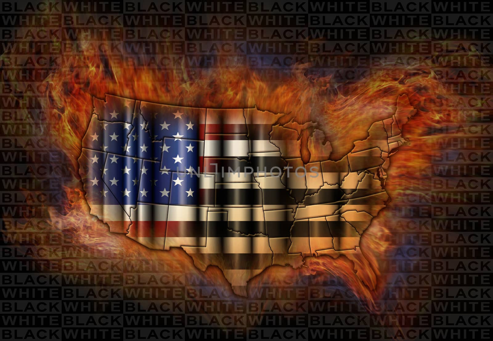 Illustration of the flag and map of the United States with the stripes changing to black and white, storm clouds, flames, and symbols representing the black and white population.