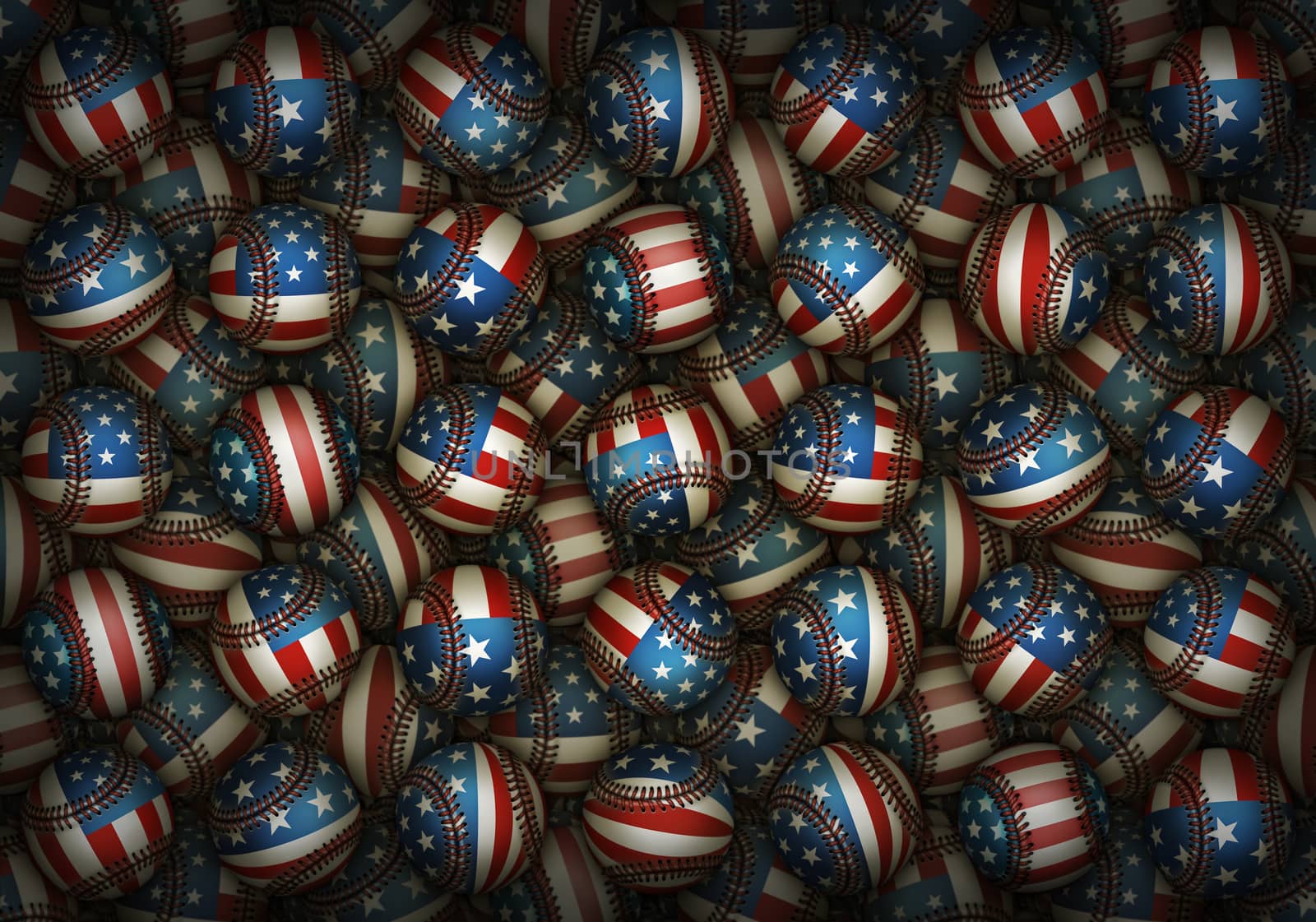 Illustration of an assortment of patriotic baseballs.