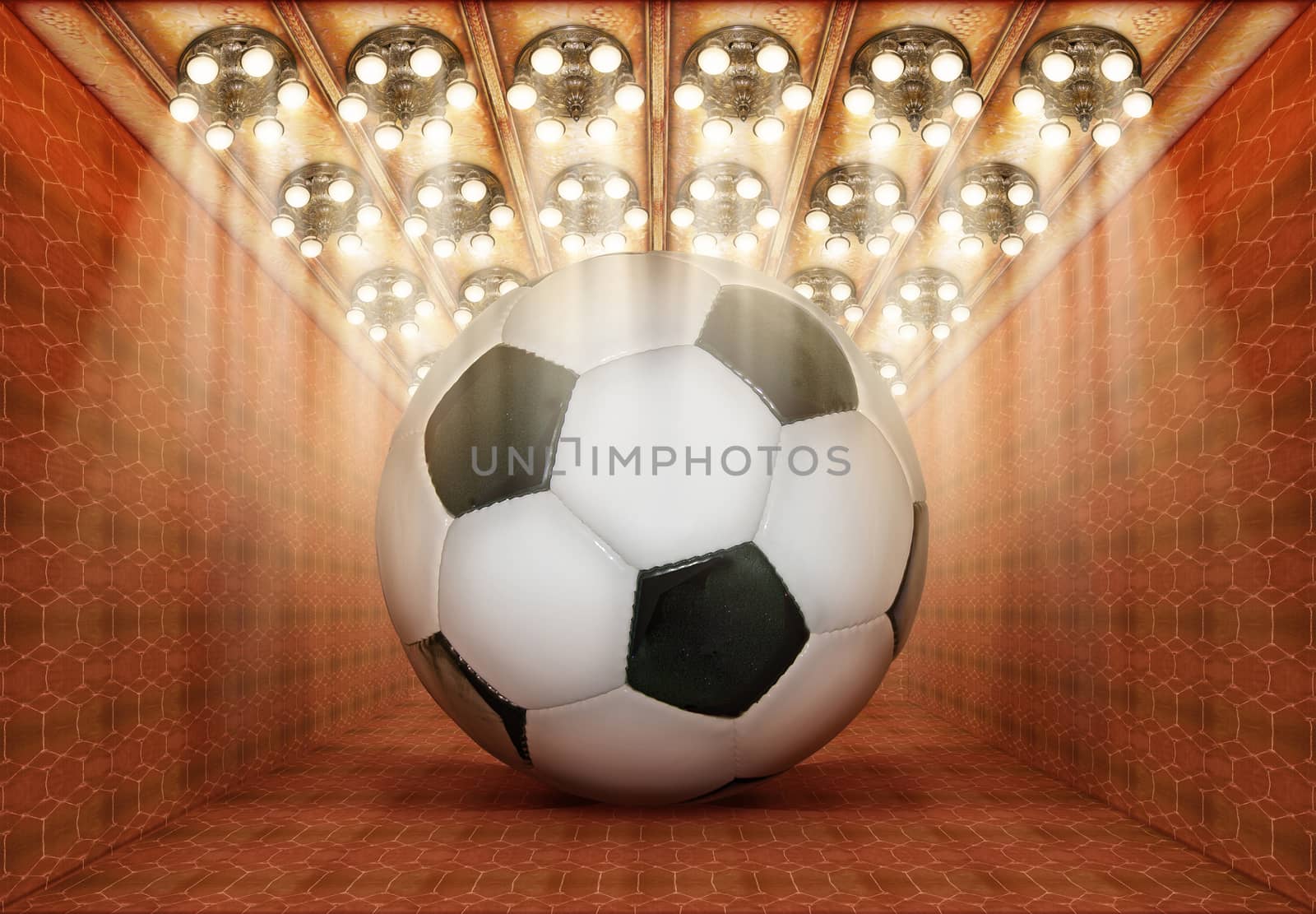 Photo-illustration of a gigantic soccer ball in a museum.