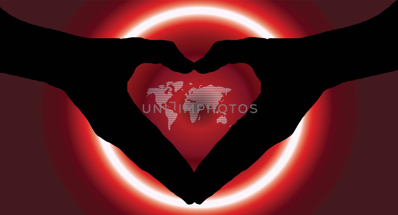 hand heart silhouette and worldmap background beautiful banner wallpaper design illustration 
