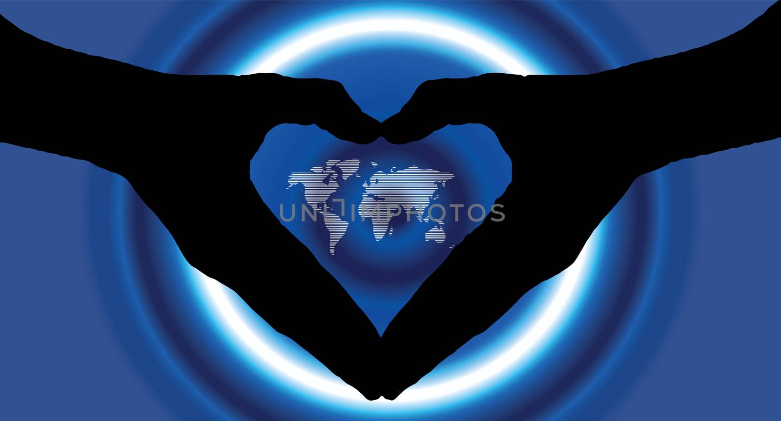 hand heart silhouette and worldmap background beautiful banner wallpaper design illustration 
