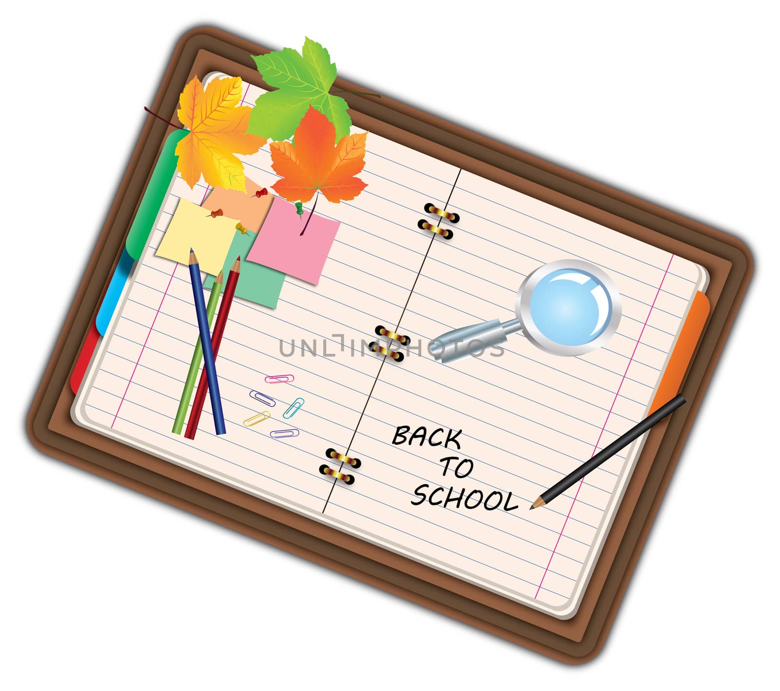 Image of notebook, pocketbook, diary with sign back to school and school supplies, equipment, accessories, items, tools. Cartoon illustration isolated on white background.