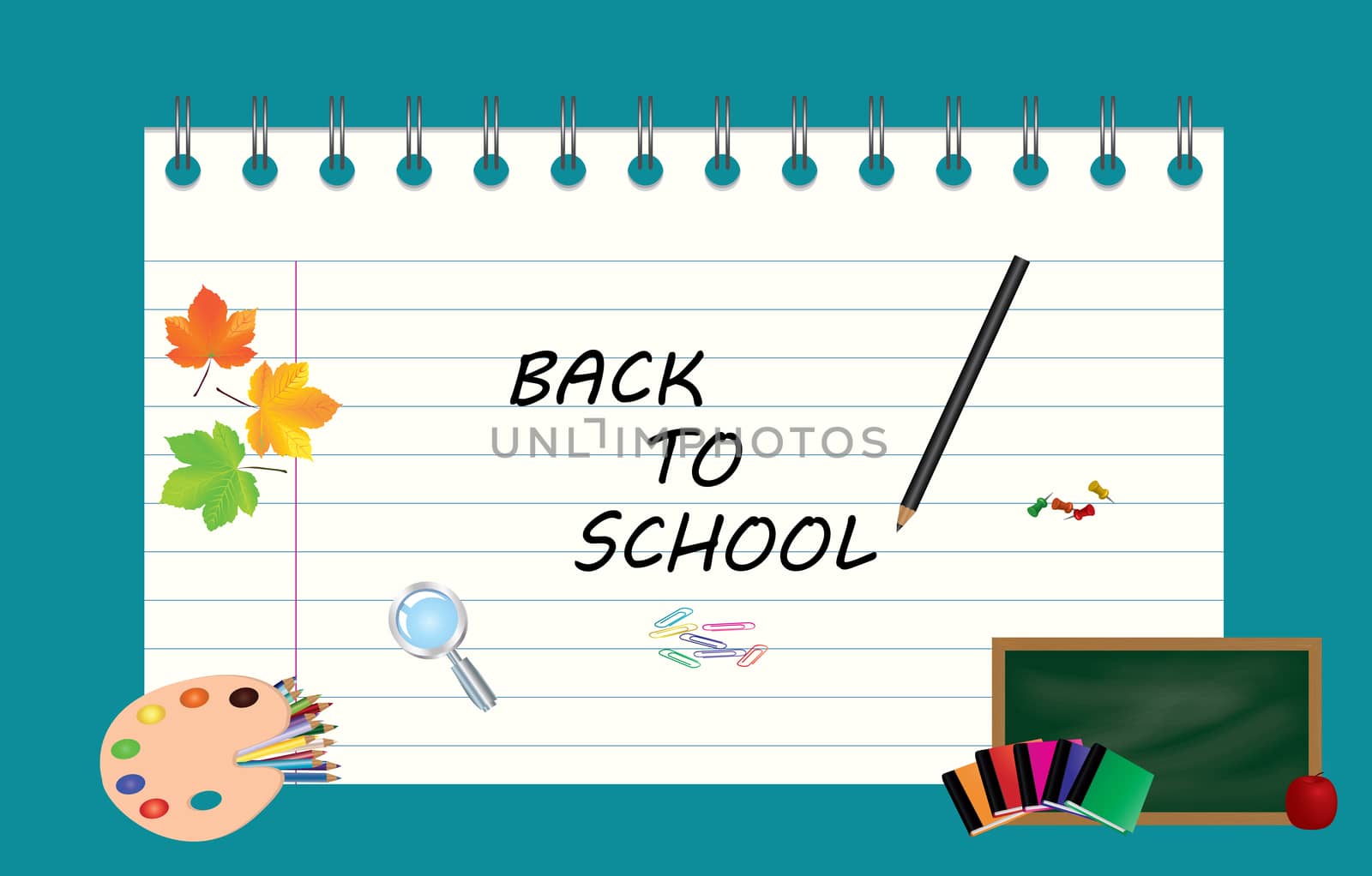 Image of note, card, paper, with sign back to school and school supplies, equipment, accessories, items, tools. Cartoon illustration on blue background.