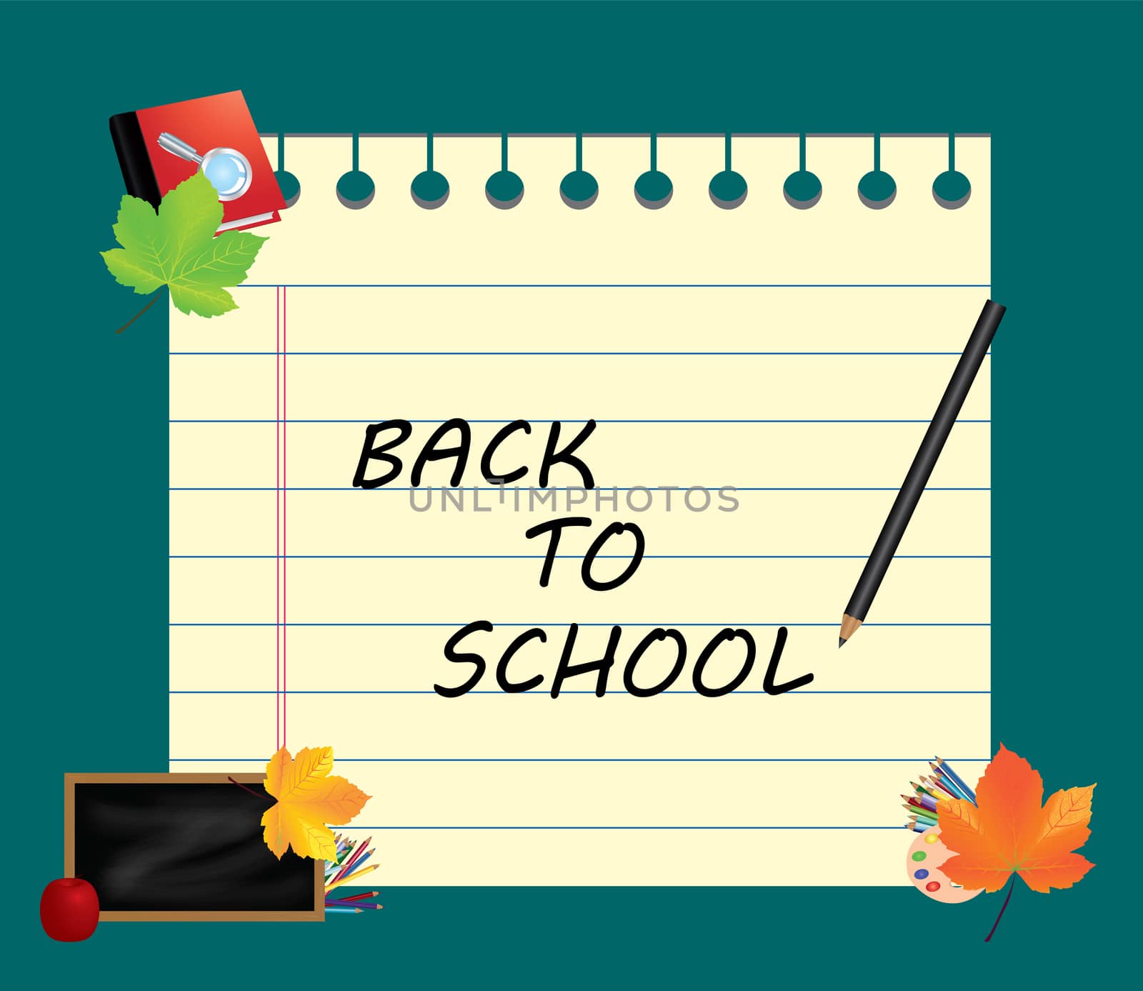 Image of note, card, paper, with sign back to school and school supplies, equipment, accessories, items, tools. Cartoon illustration on blue background.