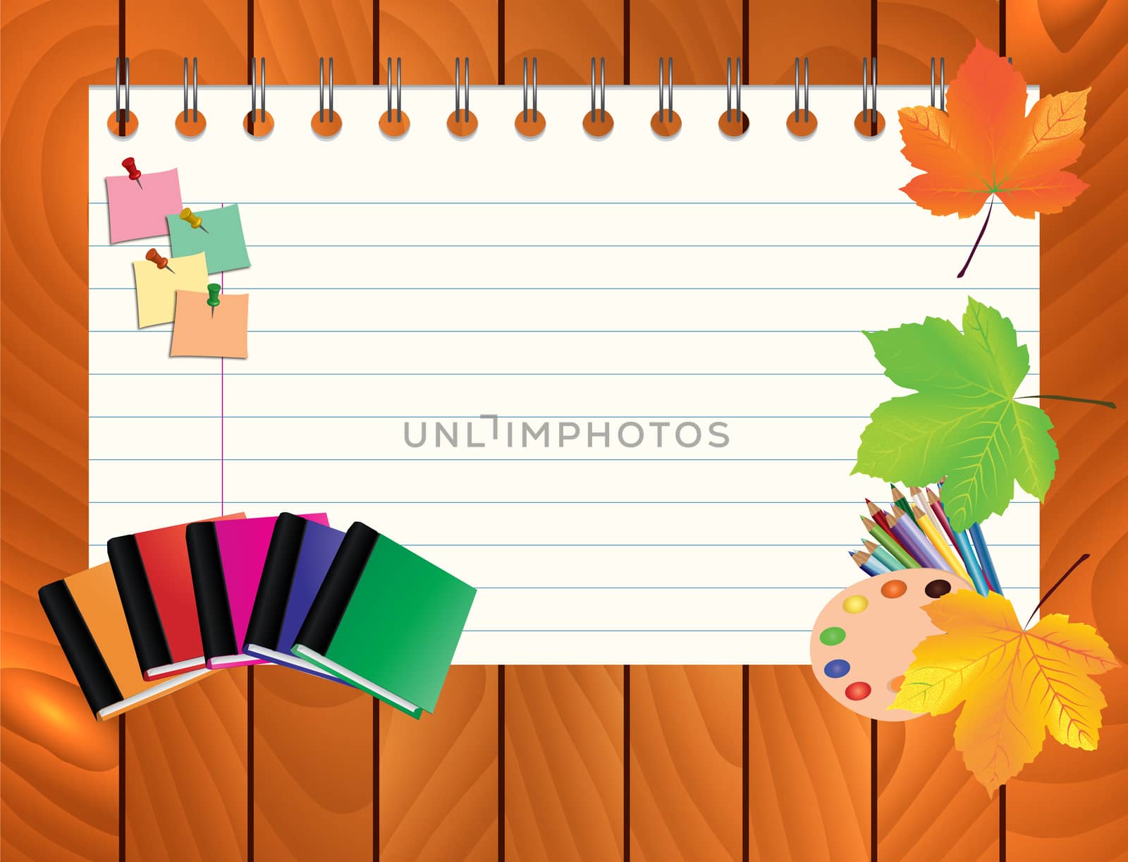 Image of empty note, card, paper, with school supplies, equipment, accessories, items, tools. Cartoon illustration on wooden background.